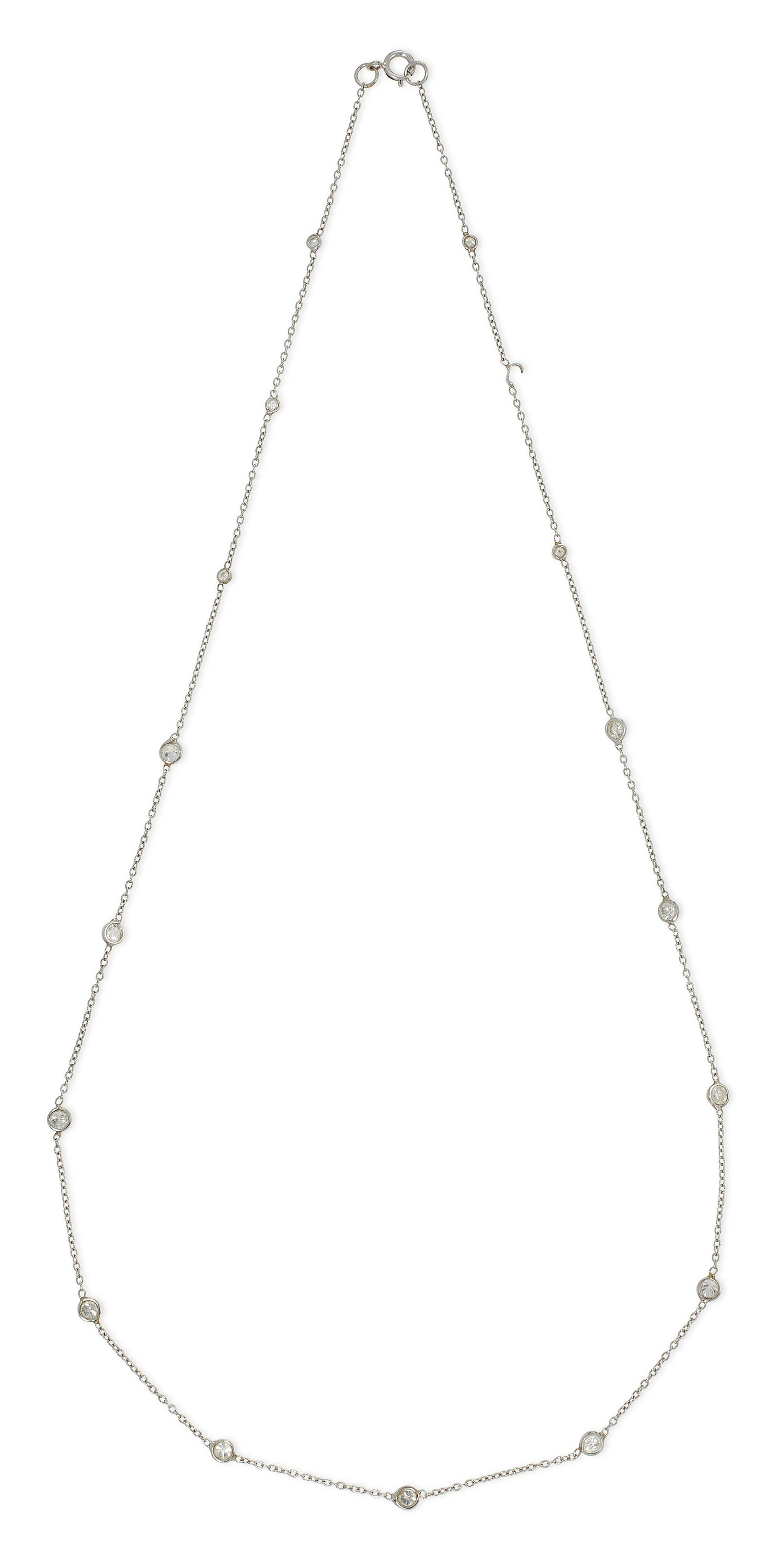 DIAMONDS BY THE YARD 14KT WHITE GOLD AND DIAMOND NECKLACE Approx. 1.34 total dwt.: DIAMONDS BY THE YARD 14KT WHITE GOLD AND DIAMOND NECKLACE Approx. 1.34 total dwt. (No Reserve*) Fine link chain with 16 bezel-set brilliant-cut diamonds, graduated in size from approx. 2.0mm to 3.0mm.