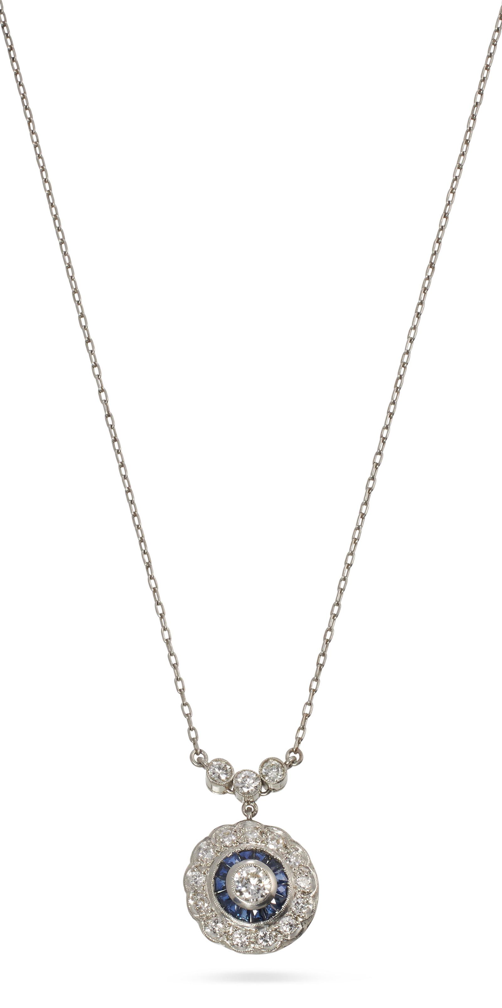 PLATINUM, DIAMOND AND SAPPHIRE PENDANT ON CHAIN Approx. 3.92 total dwt. (1 of 1)