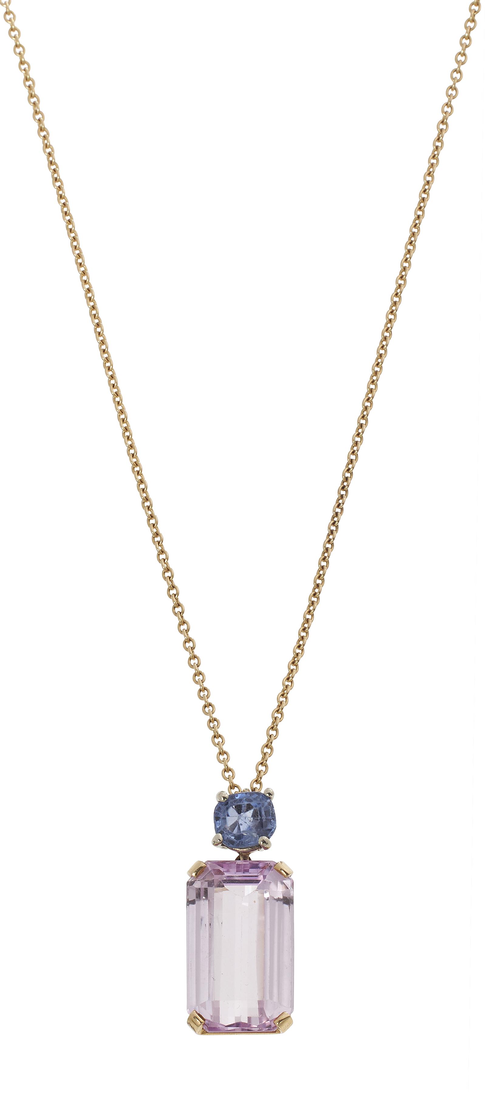 14KT TOPAZ AND TOURMALINE PENDANT ON CHAIN Approx. 5.51 total dwt.: 14KT TOPAZ AND TOURMALINE PENDANT ON CHAIN Approx. 5.51 total dwt. (No Reserve*) An approx. 12.5 carat rectangular-cut pink tourmaline and an approx. 1.14 carat blue topaz. Touchstone tested. Fine lin