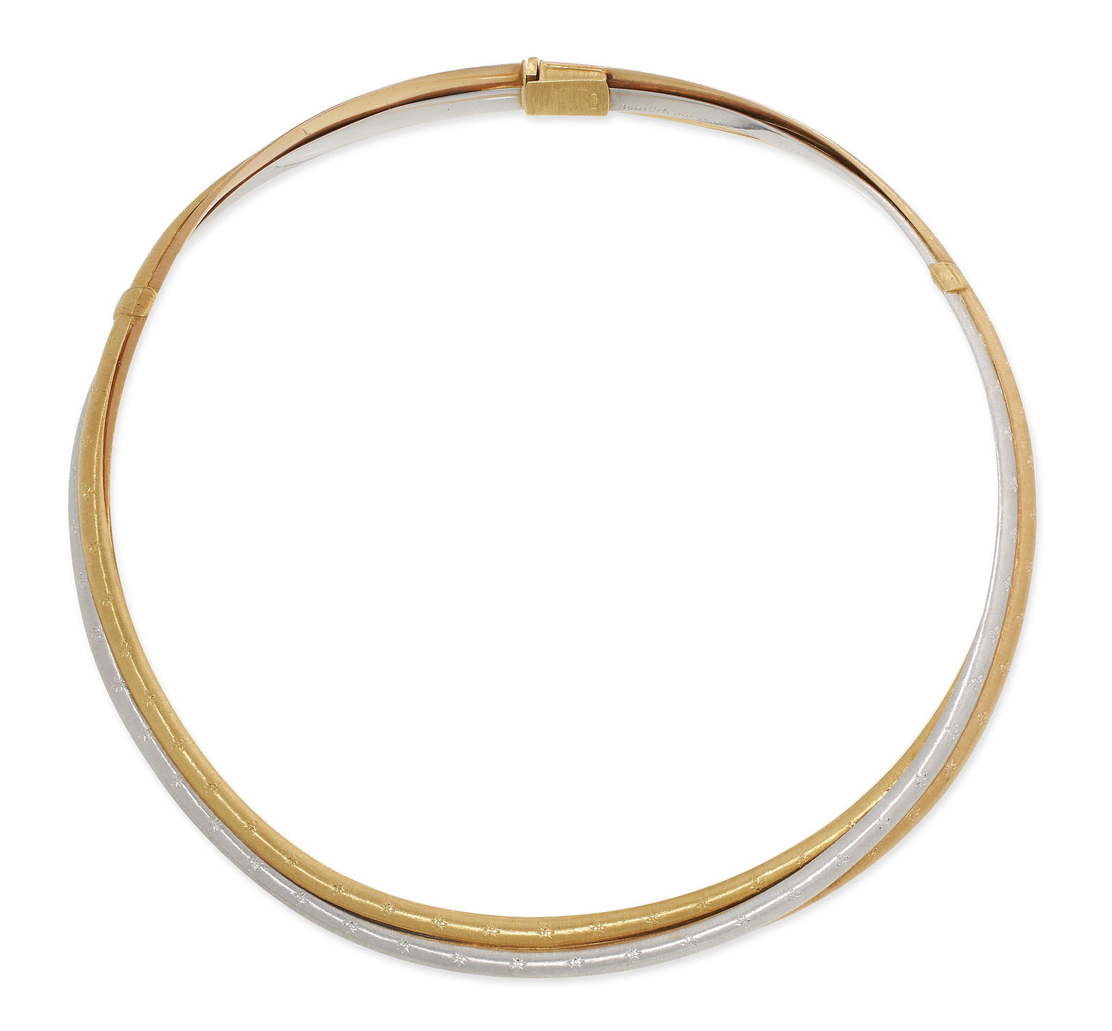 BUCCELLATI 18KT TRI-COLOR GOLD HINGED CHOKER Approx. 30.94 total dwt.: BUCCELLATI 18KT TRI-COLOR GOLD HINGED CHOKER Approx. 30.94 total dwt. (No Reserve*) Three woven strands of rose, white and yellow gold. Hinged in center on each side. Box clasp. Stamped Buccellati, It