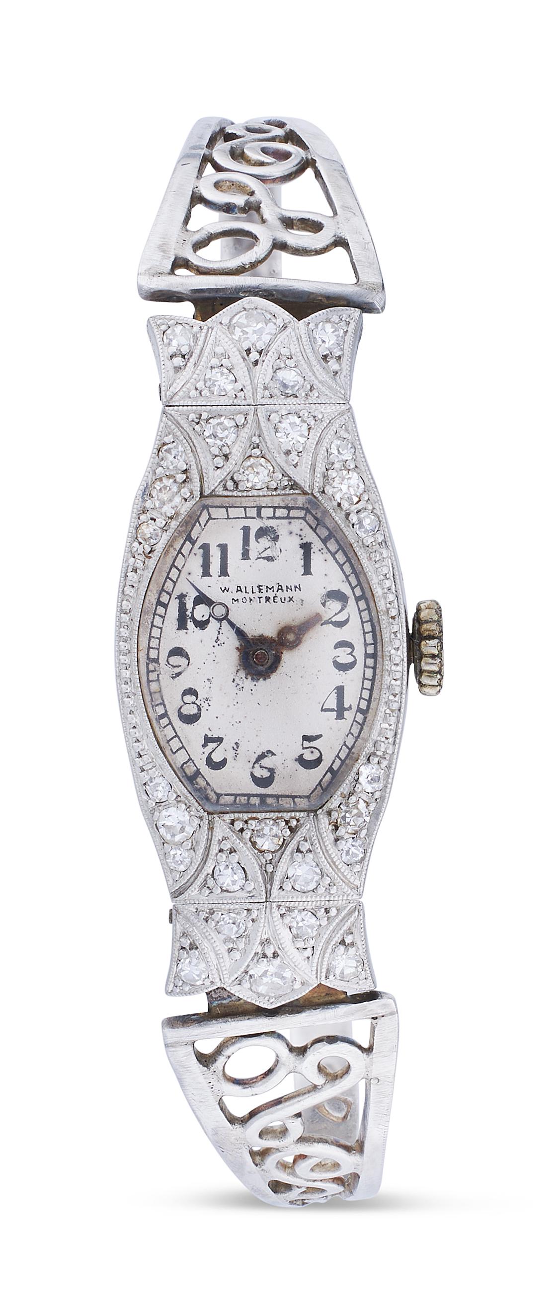 ART DECO PLATINUM AND DIAMOND WATCH: ART DECO PLATINUM AND DIAMOND WATCH W. Allemann Montreux, case #259, marked platinum. Eighteen-jewel movement #4016, hand-wind. Twenty-eight single-cut diamonds, each approx. 1.30 to 2.30mm. Silver br