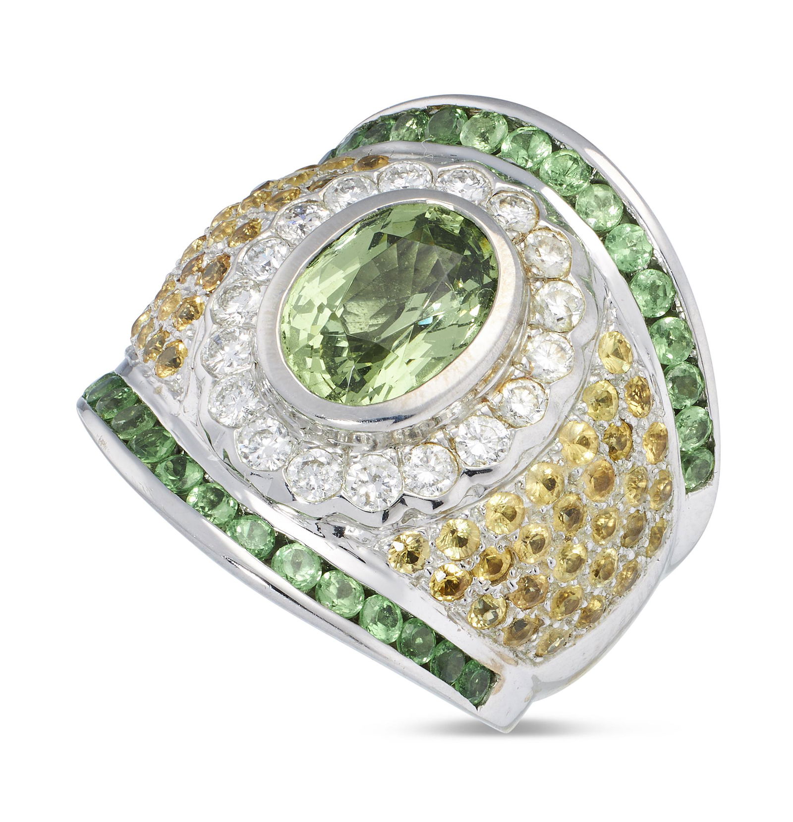 DIAMOND, YELLOW SAPPHIRE, TSAVORITE GARNET, SYNTHETIC GREEN SPINEL AND 14KT WHITE GOLD RING Approx. (1 of 3)