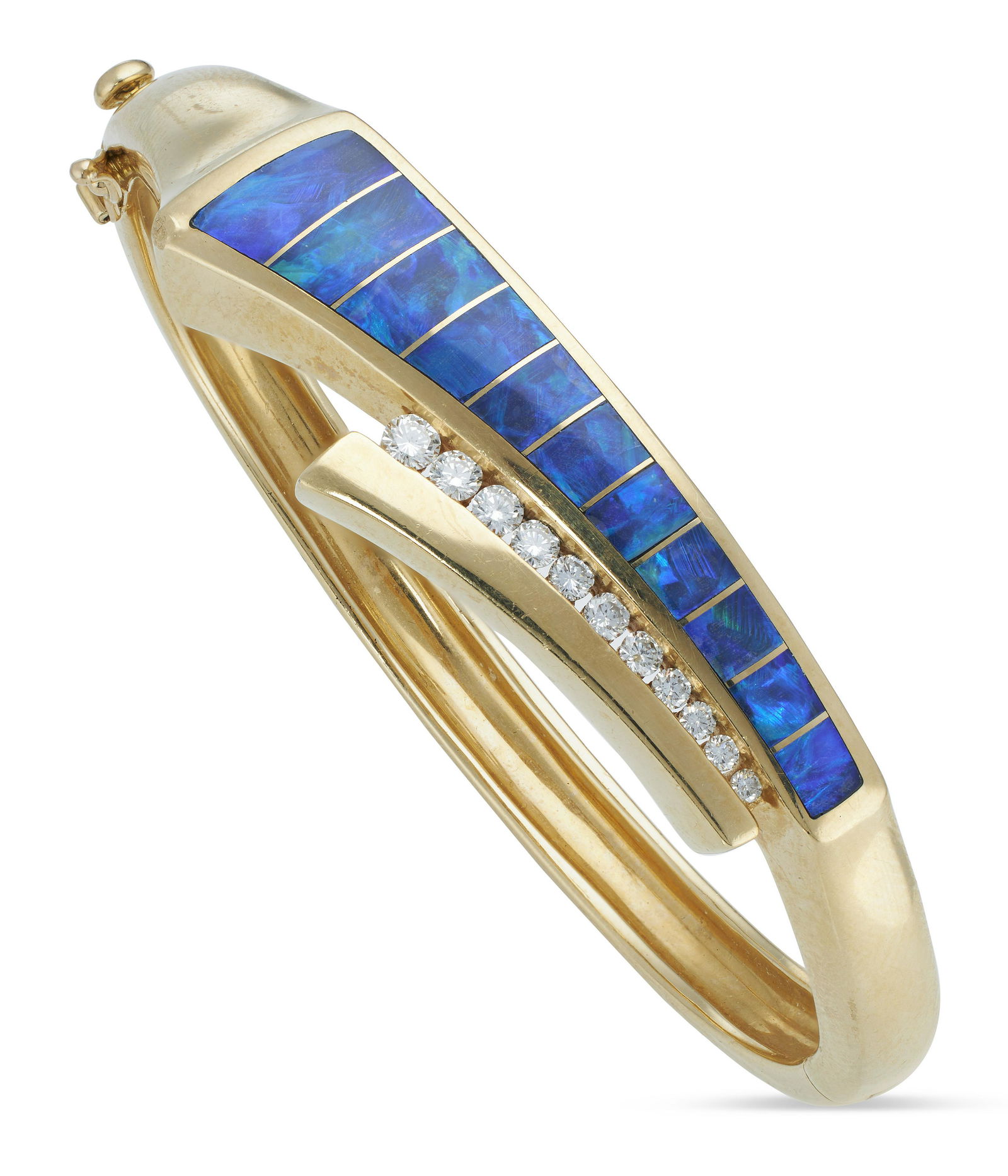 BLACK OPAL AND DIAMOND 14KT HINGED BANGLE BRACELET Approx. 27.1 dwt. (1 of 1)