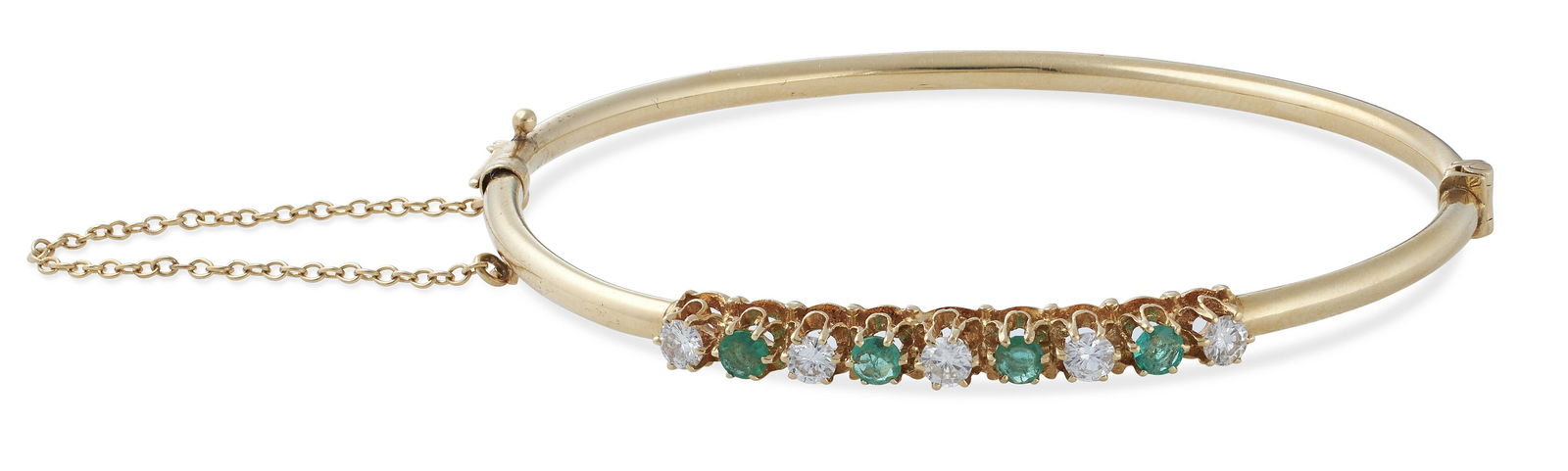 DIAMOND, EMERALD AND 14KT YELLOW GOLD HINGED BANGLE BRACELET Approx. 4.5 dwt. (1 of 1)
