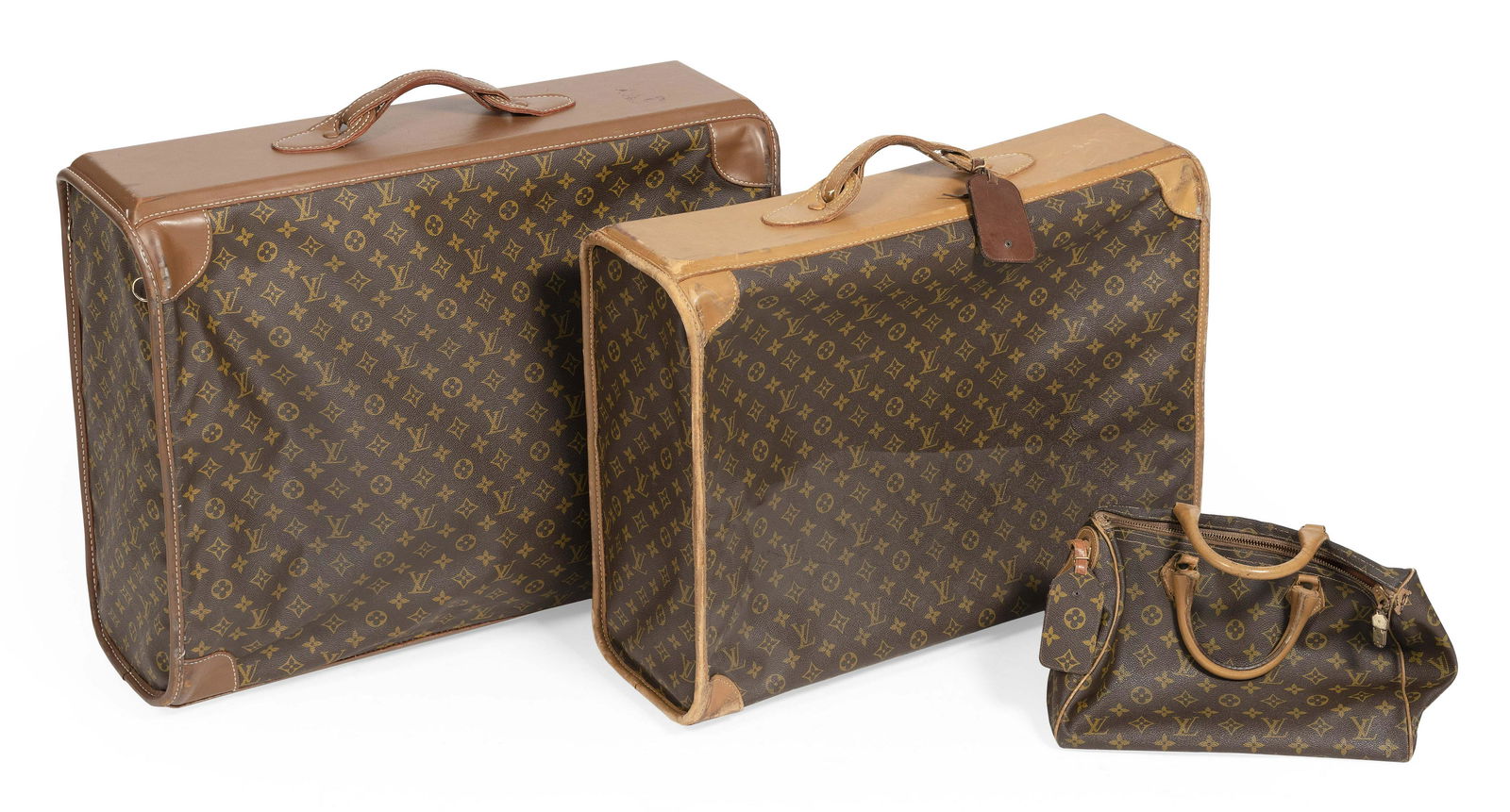 THREE PIECES OF REPRODUCTION LOUIS VUITTON LUGGAGE 20th Century Largest height 19”. Length (1 of 1)