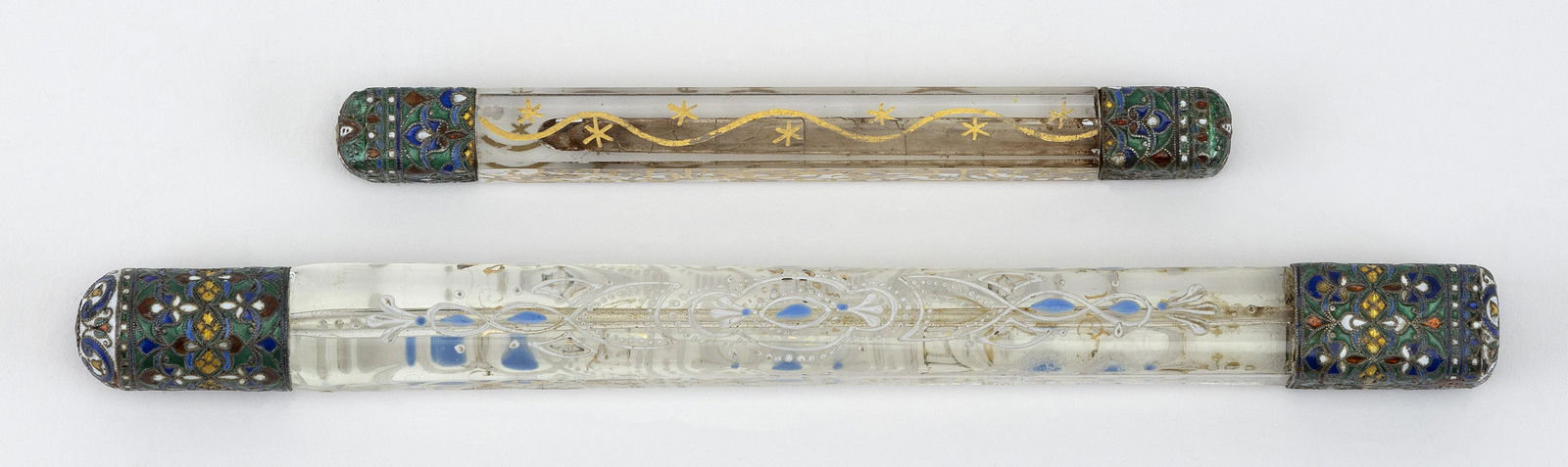 TWO TURKISH ENAMEL-DECORATED GLASS PERFUME CONTAINERS 19th Century Lengths 5" and 8”. (1 of 3)