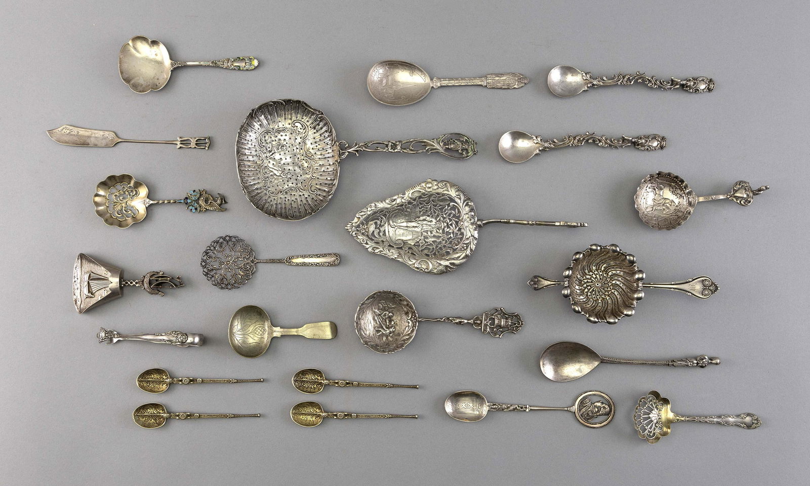 TWENTY-ONE STERLING AND CONTINENTAL SILVER ELABORATE SERVING PIECES 19th and 20th Centuries Approx. (1 of 1)