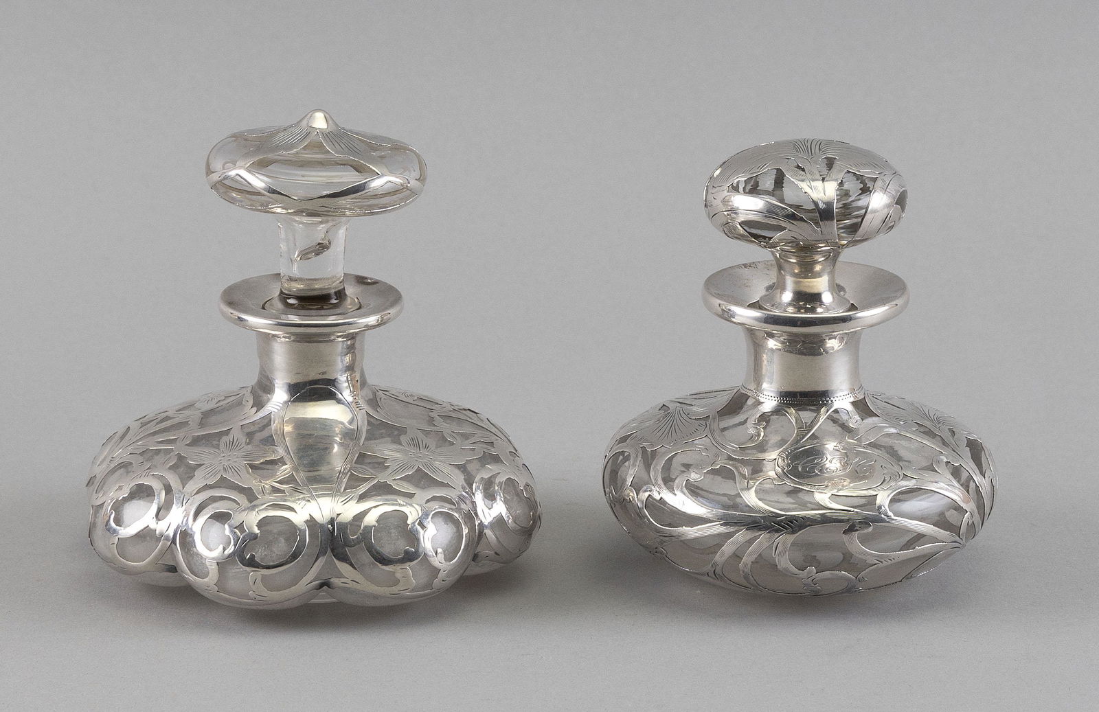 TWO ALVIN SILVER OVERLAY CLEAR GLASS PERFUME BOTTLES Early 20th Century (1 of 2)