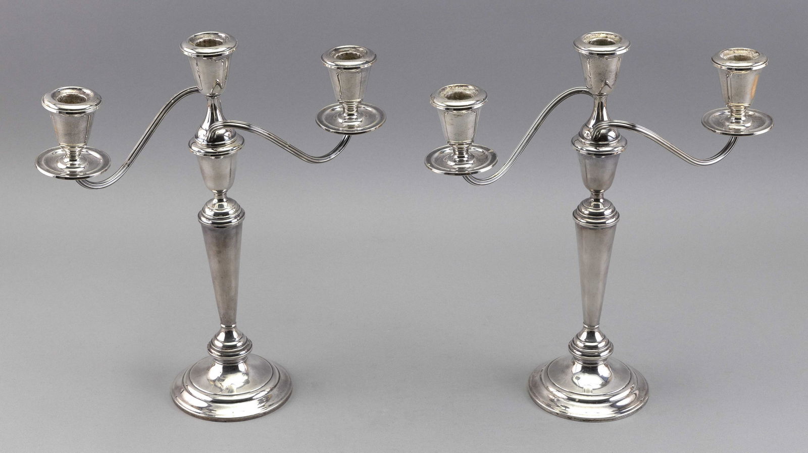 PAIR OF WEIGHTED STERLING SILVER THREE-LIGHT CANDELABRA 20th Century Heights 12.5". Widths 11". (1 of 1)