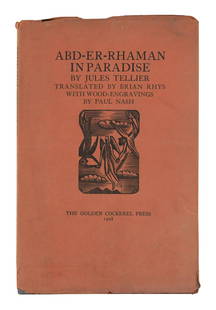 GOLDEN COCKEREL PRESS BOOK 1928 Height 9”.: GOLDEN COCKEREL PRESS BOOK1928Abd-er-Raman In Paradise by Jules Tellier. London: Golden Cockerel Press, 1928. 1st limited ed., 19/400. Illus. with woodcuts by Paul Nash. Original red paper dj.Height 9