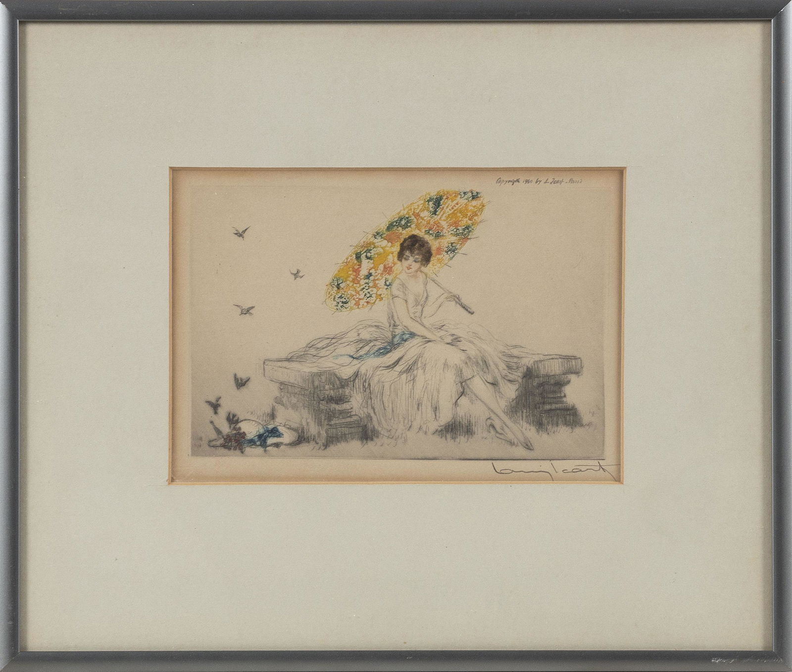 LOUIS ICART (New York/France, 1888-1950), “The Parasol”., Color etching, 3.5” x (1 of 2)
