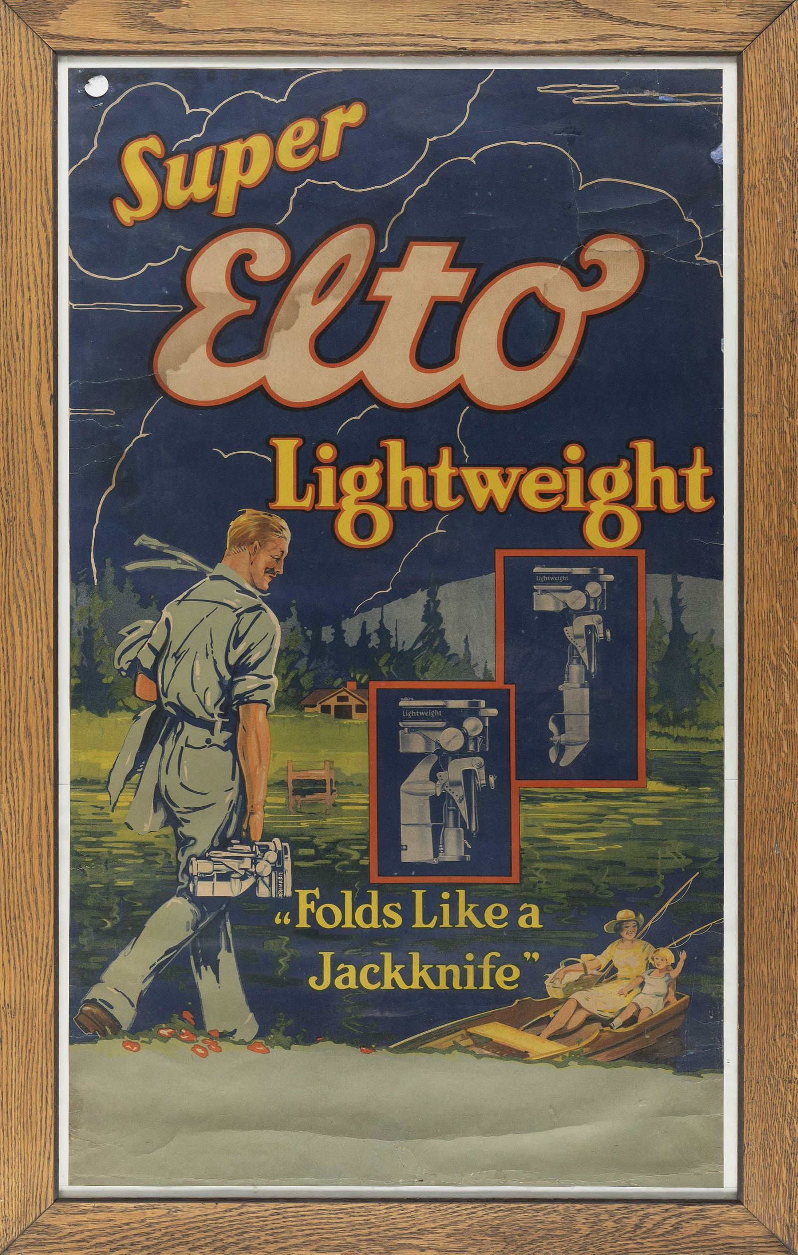 SUPER ELTO LIGHTWEIGHT ADVERTISING POSTER America, Circa 1929 Color lithograph on paper, 37.5" x: "SUPER ELTO LIGHTWEIGHT" ADVERTISING POSTERAmerica, Circa 1929For a small outboard engine that "Folds Like a Jackknife".Color lithograph on paper, 37.5" x 21.5" sight. Fr