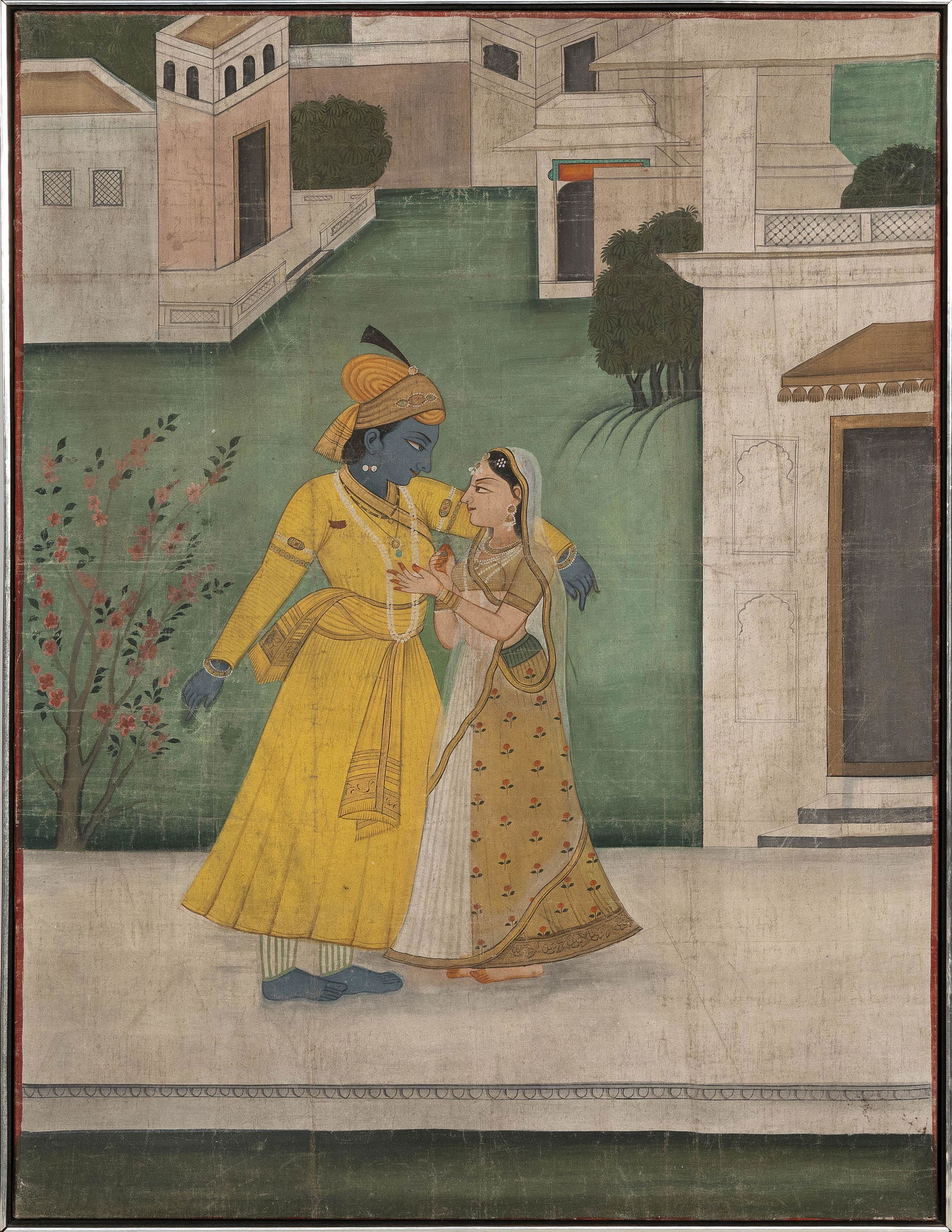 PERSIAN SCHOOL (20th Century,), Mughal-style painting of a courting couple in a courtyard., 50" x (1 of 2)