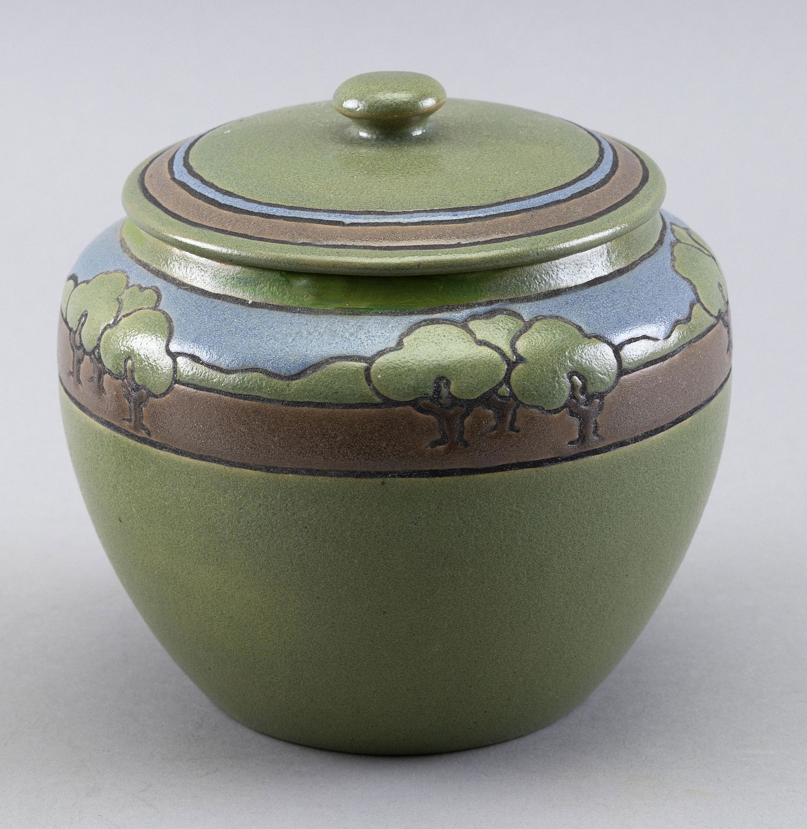 SATURDAY EVENING GIRLS POTTERY COVERED JAR Early 20th Century Height 5”. (1 of 4)