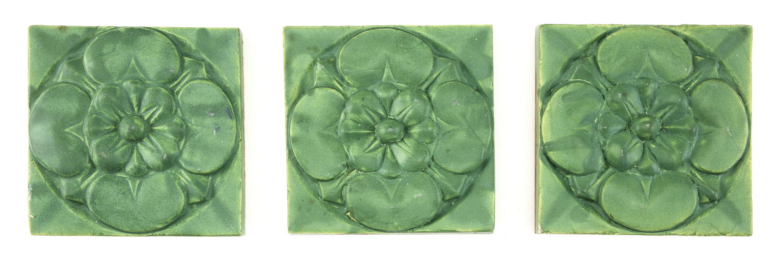 THREE GRUEBY POTTERY TILES 20th Century Heights 1”. Tops 5.25” x 5.25”. (1 of 2)