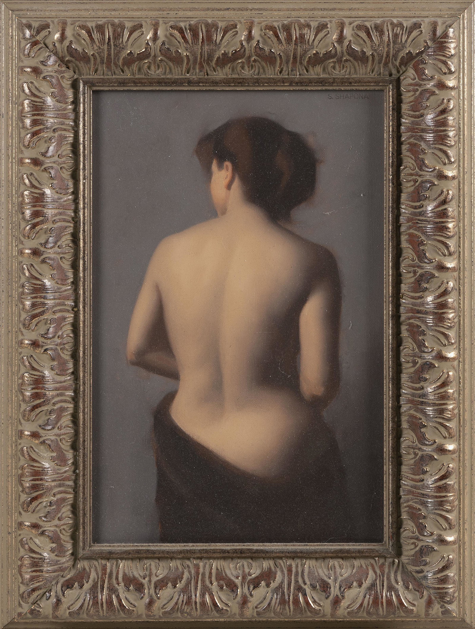STEVAN SHAPONA (California, b. 1956), “Turning”., Oil on canvas, 14” x 9”.: STEVAN SHAPONA California, b. 1956 “Turning”. Signed upper right corner “S. Shapona”. Titled on gallery label verso. Oil on canvas, 14” x 9”. Framed 19” x 14&