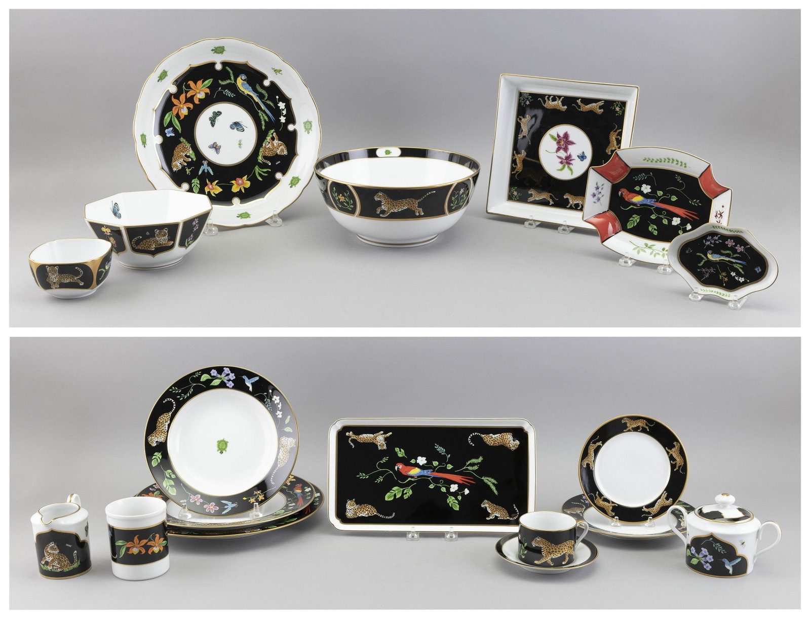 LYNN CHASE “JAGUAR JUNGLE” DINNER SERVICE Late 20th Century: LYNN CHASE “JAGUAR JUNGLE” DINNER SERVICE Late 20th Century Complete service for 8, totaling 76 pieces. Consists of: 8 dinner plates 8 chargers 8 bread & butter plates 8 salad plates 8 sou