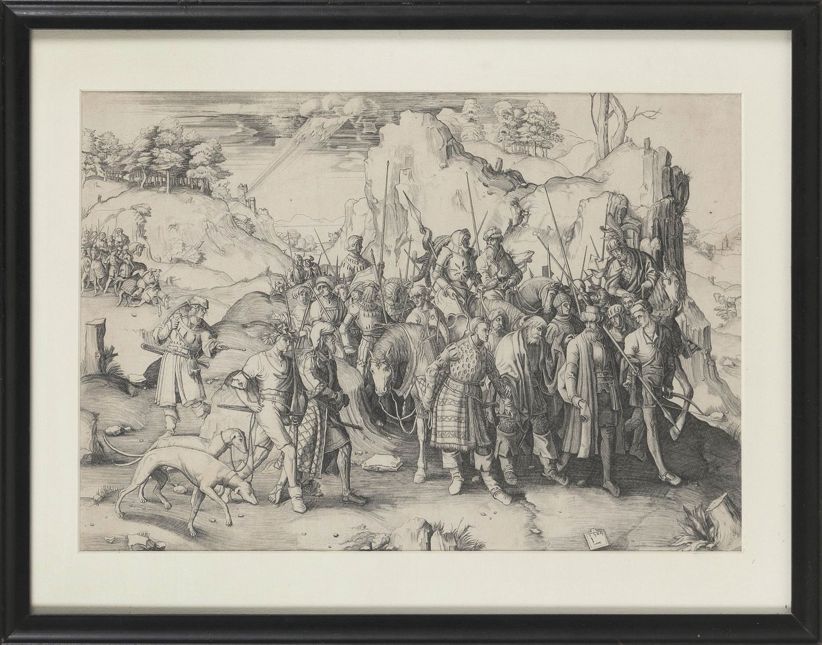 AFTER LUCAS VAN LEYDEN (The Netherlands, 1494-1533), “The Conversion of St. Paul”, circa: AFTER LUCAS VAN LEYDENThe Netherlands, 1494-1533“The Conversion of St. Paul”, circa early 17th Century. Titled and based after the engraving by Lucas van Leyden from 1509 (see Bartsch 107)