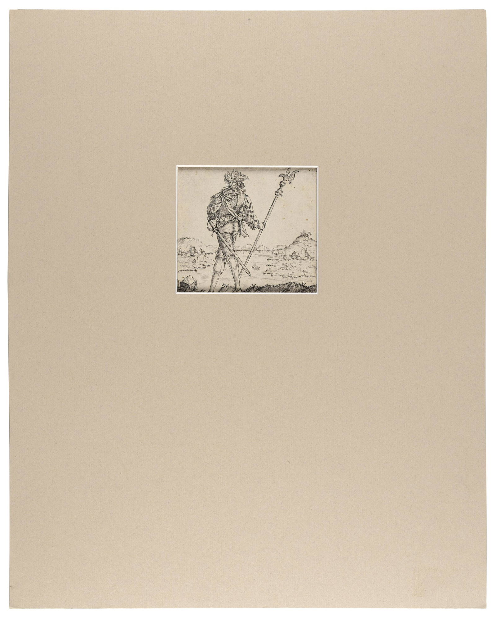 FRENCH SCHOOL (16th Century,), A soldier., Pen and ink on cream laid paper, 4.5” x 5” (1 of 2)