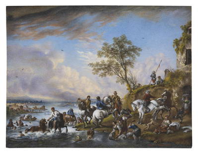 AFTER PHILIPS WOUWERMAN (The Netherlands/Holland, 1619-1668), Figures on horseback crossing a: AFTER PHILIPS WOUWERMANThe Netherlands/Holland, 1619-1668Figures on horseback crossing a river. Inscribed in German verso.Oil, 4.75&quot; x 6&quot;. Unframed. Dimensions:  Oil, 4.75&quot; x 6&quot;. U