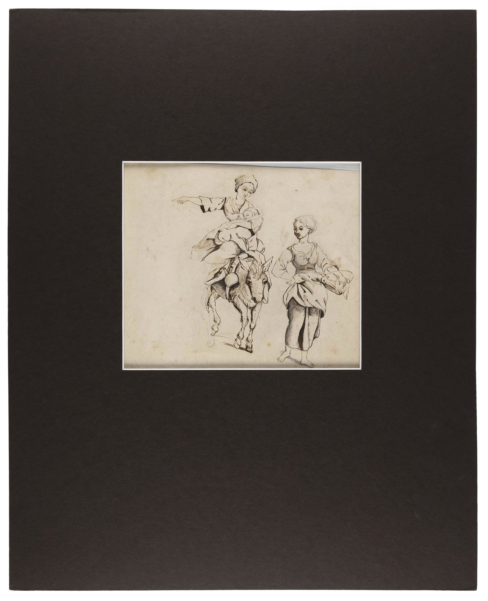 MANNER OF NICHOLAES PIETERSZ BERCHEM (The Netherlands/Italy/Holland, 1620-1683), Two country women,: MANNER OF NICHOLAES PIETERSZ BERCHEM The Netherlands/Italy/Holland, 1620-1683 Two country women, one riding a donkey and holding a baby. Inscribed in pencil lower right “N. Berchem”. Sepia
