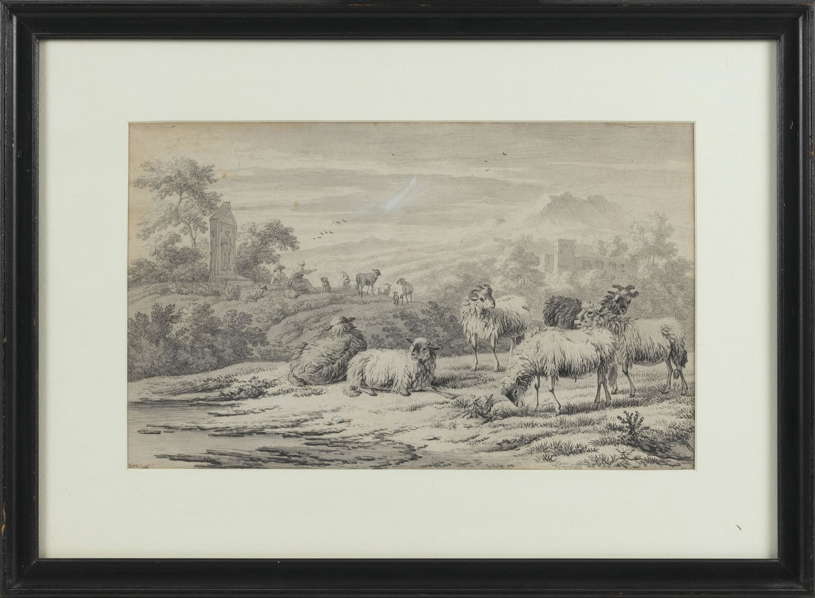 JAN VERMEER VAN HAARLEM II (Holland, 1656-1705), Sheep in a landscape, 1686., Pen and ink and gray: JAN VERMEER VAN HAARLEM IIHolland, 1656-1705Sheep in a landscape, 1686. Signed in ink lower right “J.V. der Meer der jonger 1636”. Fleur-de-lis in shield surmounted by crown over letters &