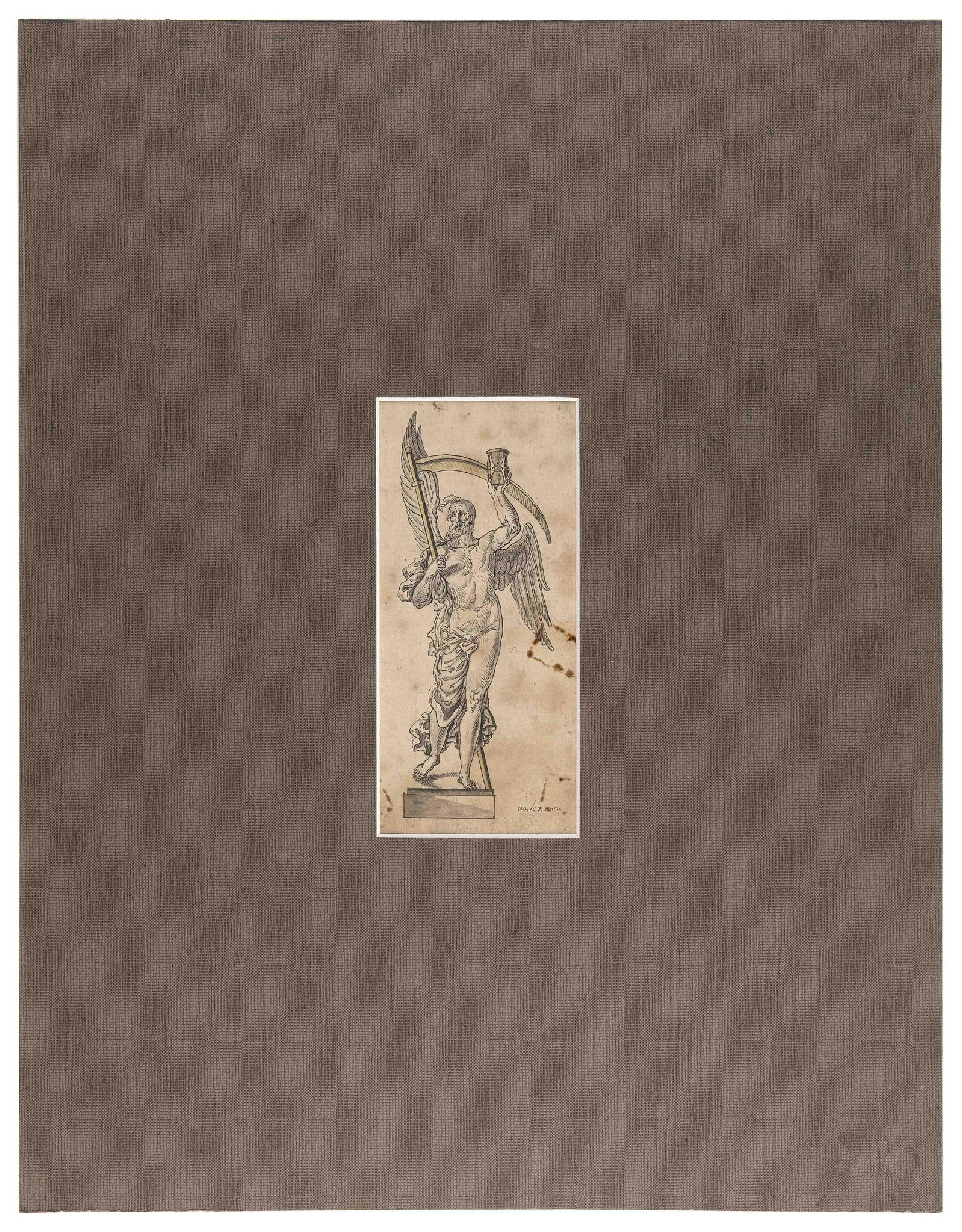 ITALIAN SCHOOL (17th Century,), Father Time with a scythe and an hourglass., Pen and ink and wash (1 of 2)