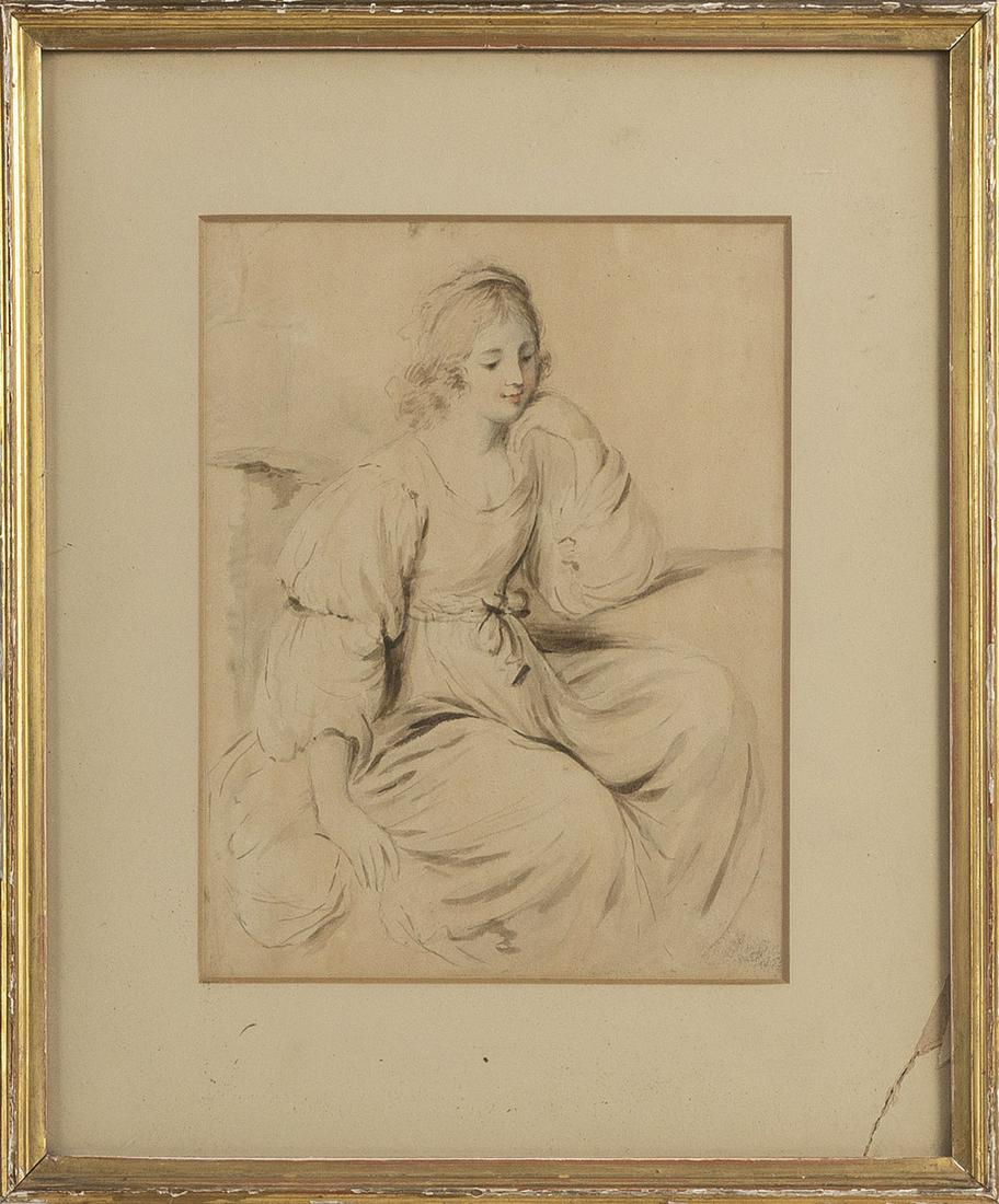 FRANCIS WHEATLEY (United Kingdom/England/Ireland, 1747-1801), “Jeune Fille Arrive”.,: FRANCIS WHEATLEYUnited Kingdom/England/Ireland, 1747-1801â€œJeune Fille Arrive”. Unsigned.Pencil and India ink with tinted watercolor on cream (wove?) paper. Framed. Exhibited:â€œLes Mai