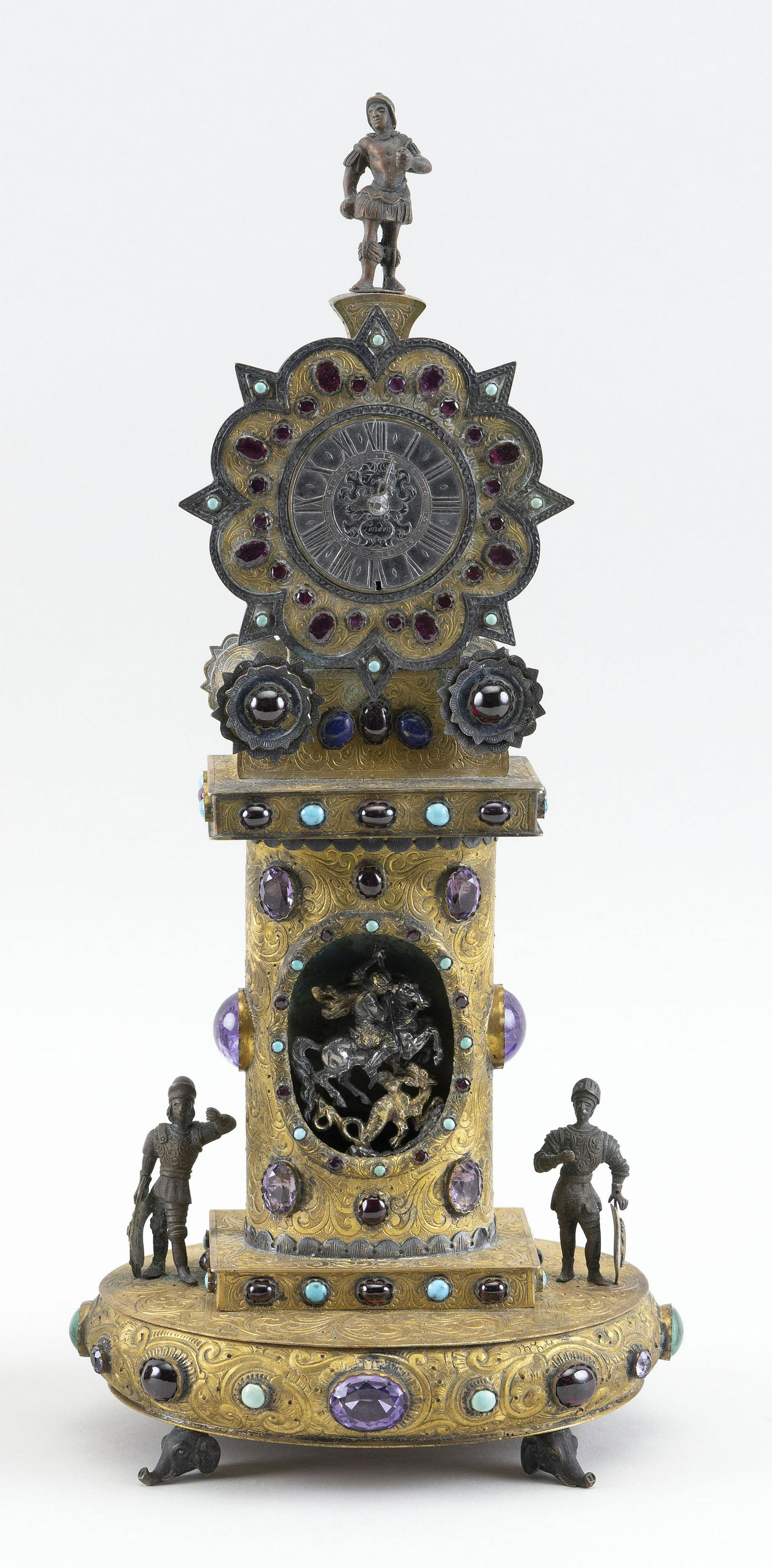 RARE DANIEL TORIN BRASS-FINISH PEDESTAL CLOCK Mid-18th Century Height 12.75”.: RARE DANIEL TORIN BRASS-FINISH PEDESTAL CLOCK Mid-18th Century Works marked â€œTorin London” (Daniel Torin, 1721-1763). Case adorned with semi-precious stones including malachite, garnet, la