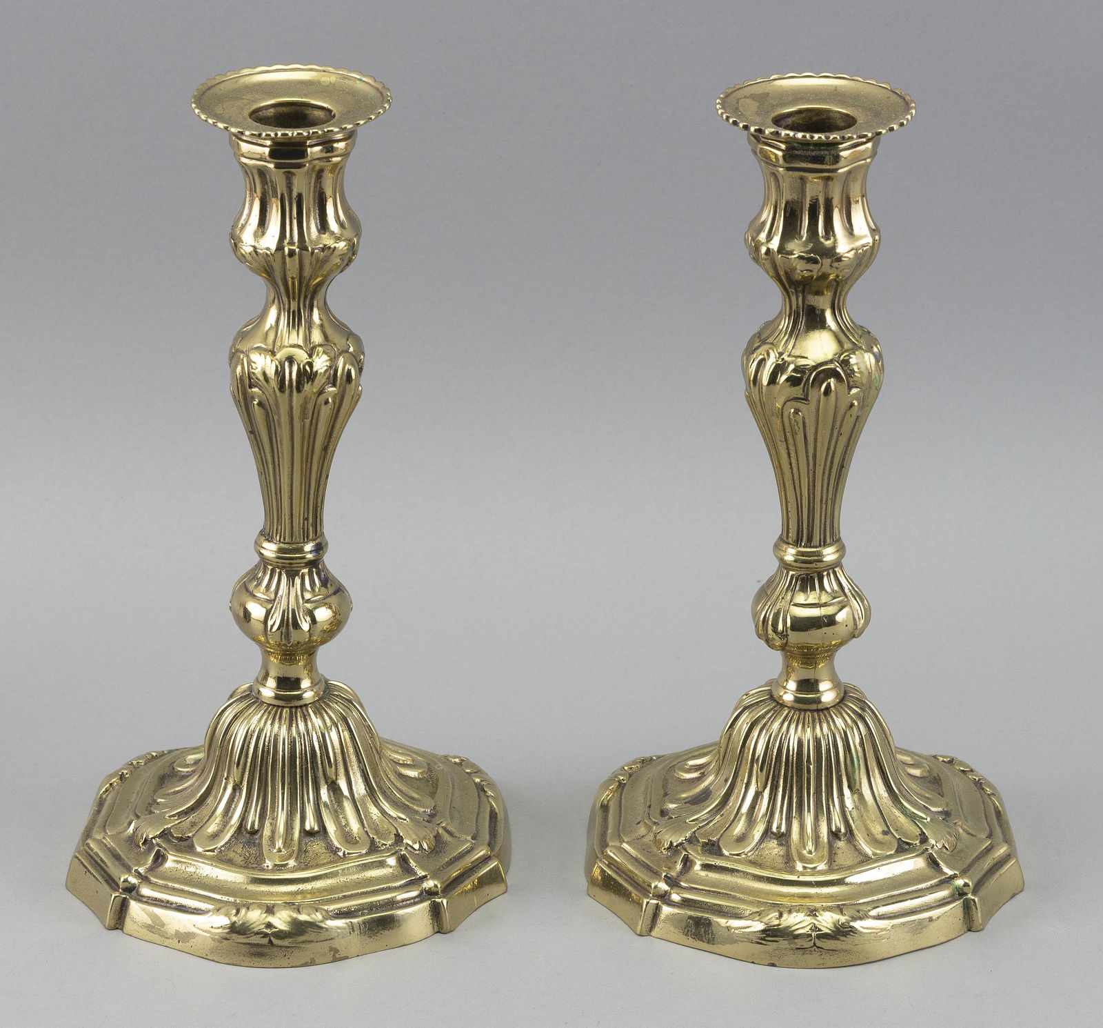 PAIR OF BRASS CANDLESTICKS, POSSIBLY RUSSIAN Late 18th Century or Earlier Heights 10.25”. (1 of 2)