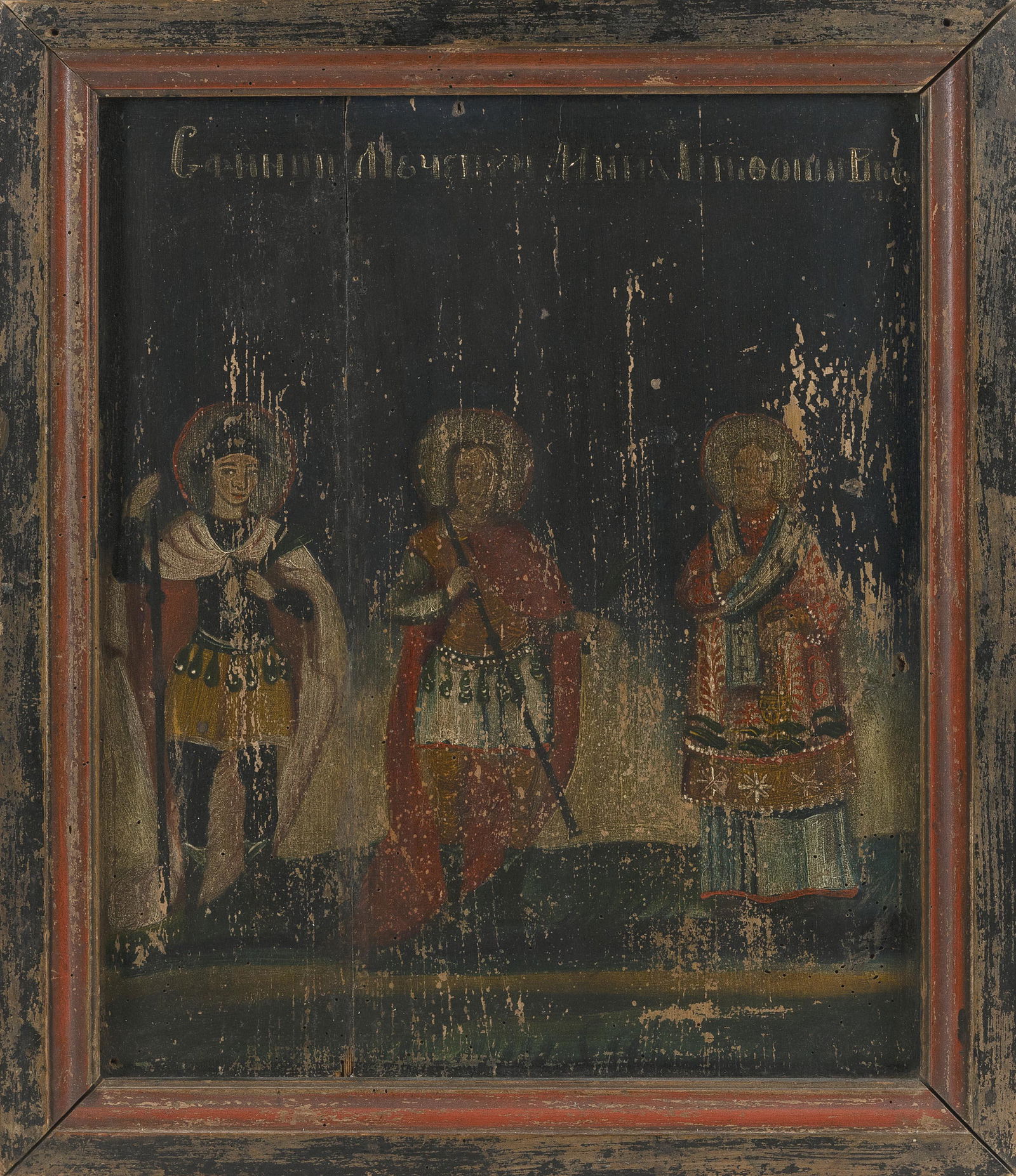 RUSSIAN WOODEN ICON DEPICTING THREE SAINTS 19th Century or Earlier Height 20.25”. Width (1 of 2)