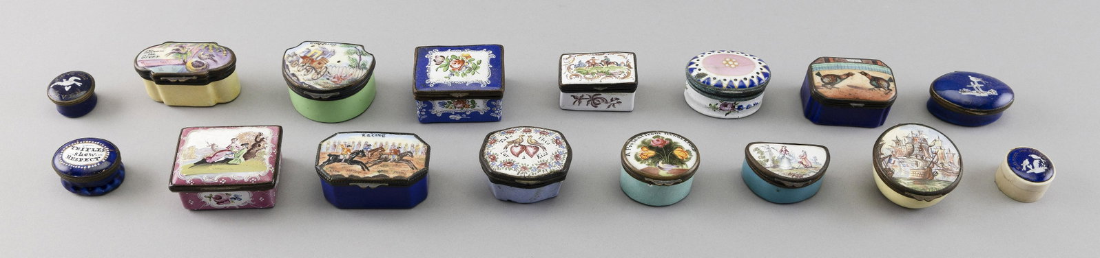 SIXTEEN ENAMEL SNUFF BOXES 18th and 19th Century Lengths from 1” to 2.25”.: SIXTEEN ENAMEL SNUFF BOXES 18th and 19th Century Battersea and others. Lengths from 1” to 2.25”.