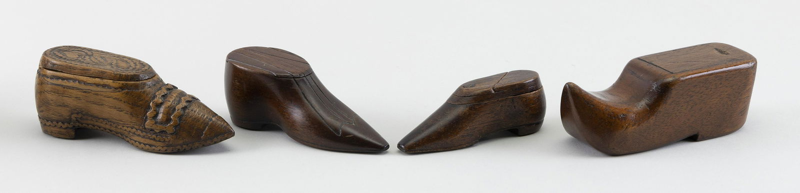 FOUR ENGLISH/CONTINENTAL SHOE-FORM TREEN SNUFF BOXES 19th Century-Early 20th Century Lengths to (1 of 2)