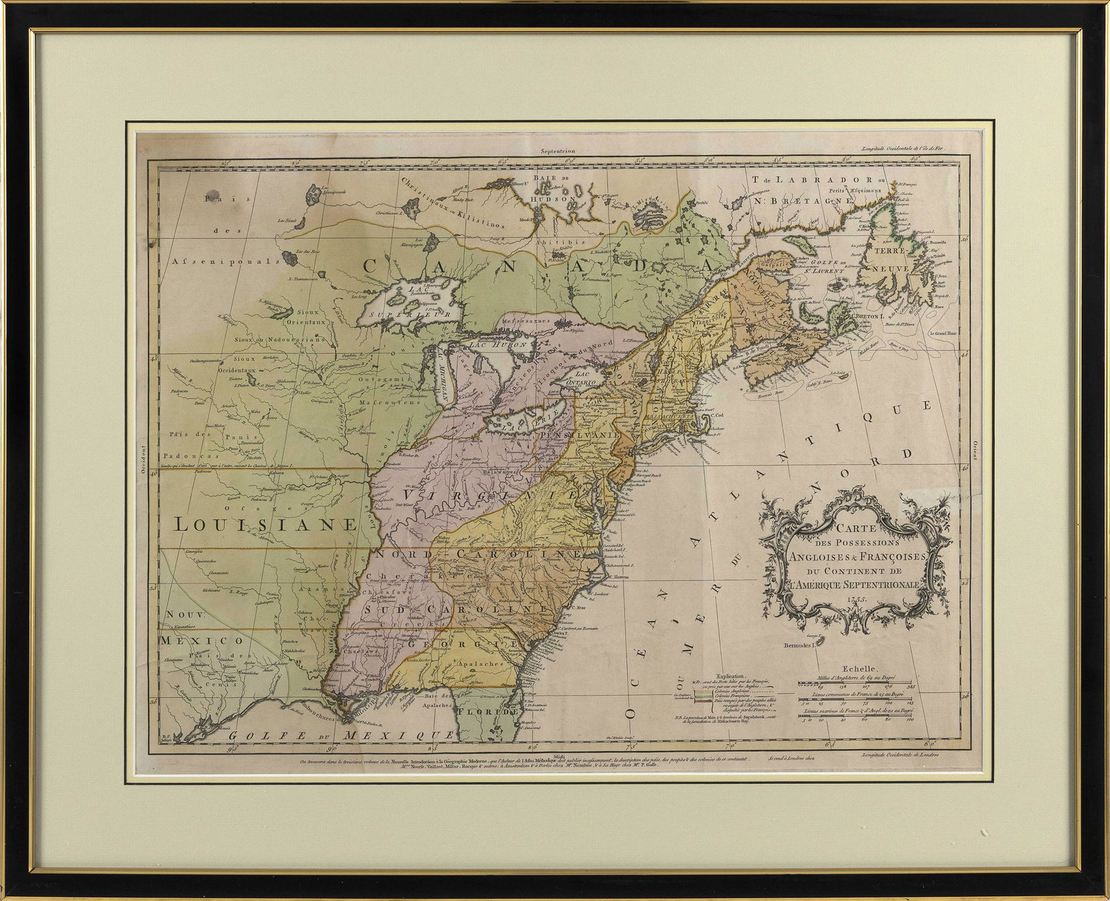 ENGRAVED MAP OF THE AMERICAN COLONIES BY JEAN PALAIRET 1775 17.5” x 23” sight. Framed (1 of 2)