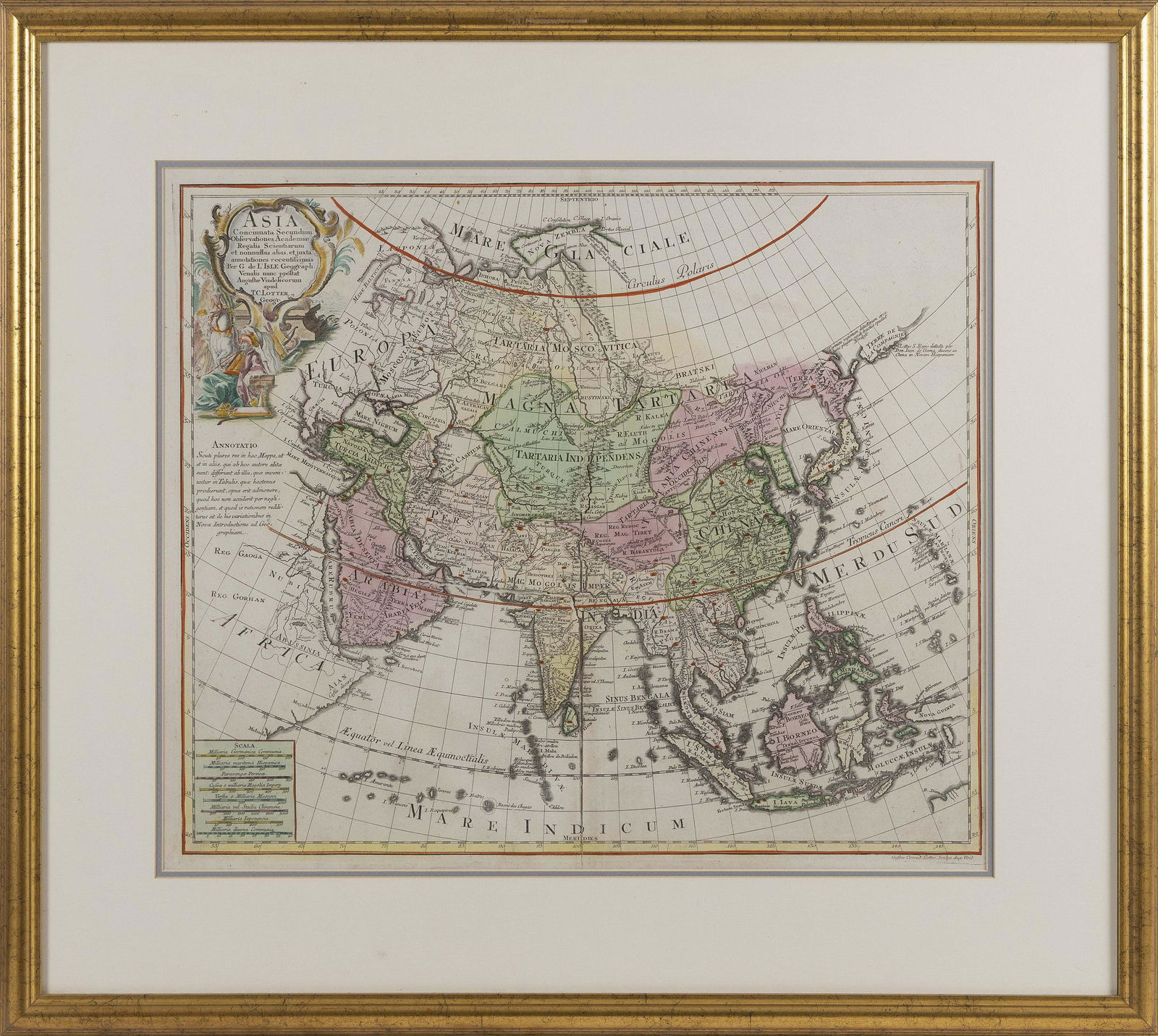 LARGE HAND-COLORED MAP OF ASIA 20” x 24” sight. Framed 29.5” x 33.5”. (1 of 2)