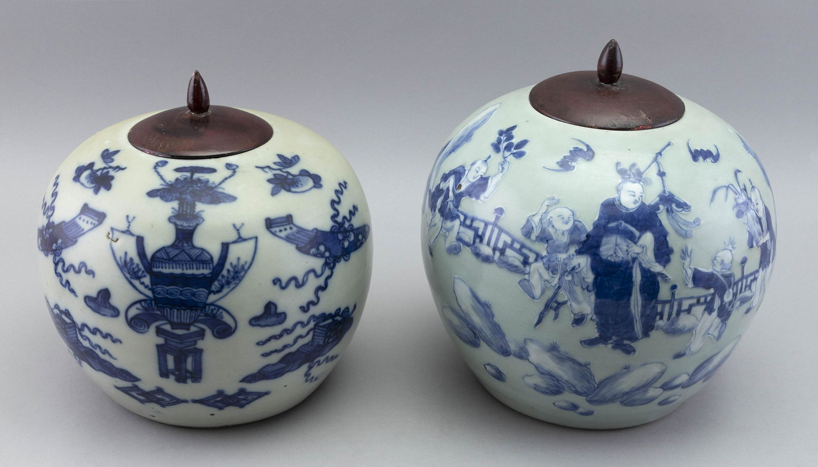 TWO SIMILAR CHINESE PORCELAIN GINGER JARS WITH WOOD COVERS Late 19th Century Heights 8". (1 of 2)