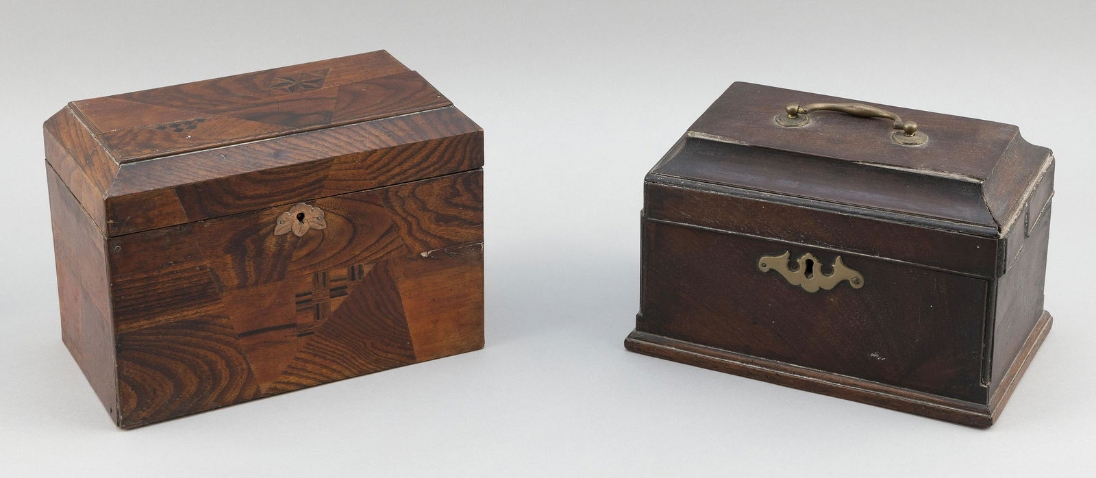 TWO ENGLISH TEA CADDIES First Quarter of the 19th Century Heights 6” and 6.75”. (1 of 2)