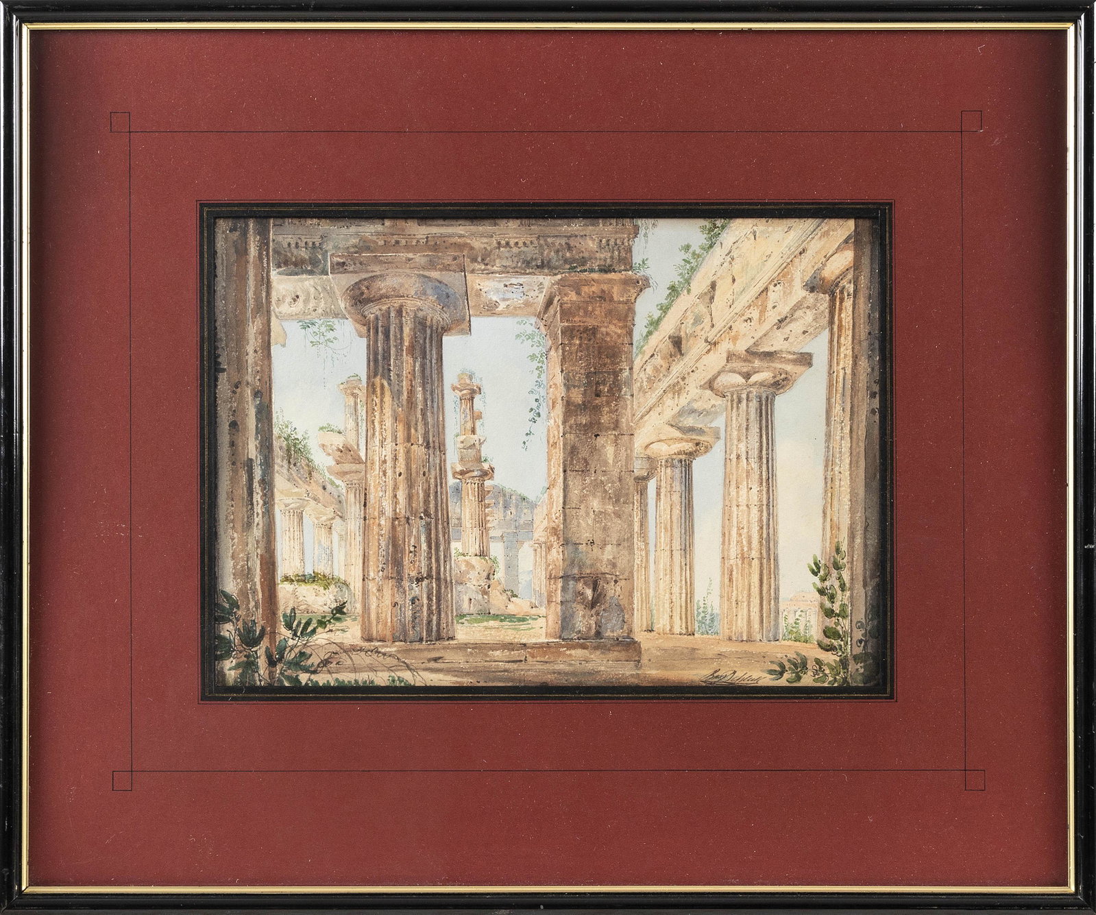 BENJAMIN SCHLICK (Denmark, 1796-1872), “The Temple of Neptune”., Watercolor on paper,: BENJAMIN SCHLICK Denmark, 1796-1872 “The Temple of Neptune”. Signed lower right “Ben Schlick”. Titled in a later hand verso. Watercolor on paper, 9.25” x 13.25” sig