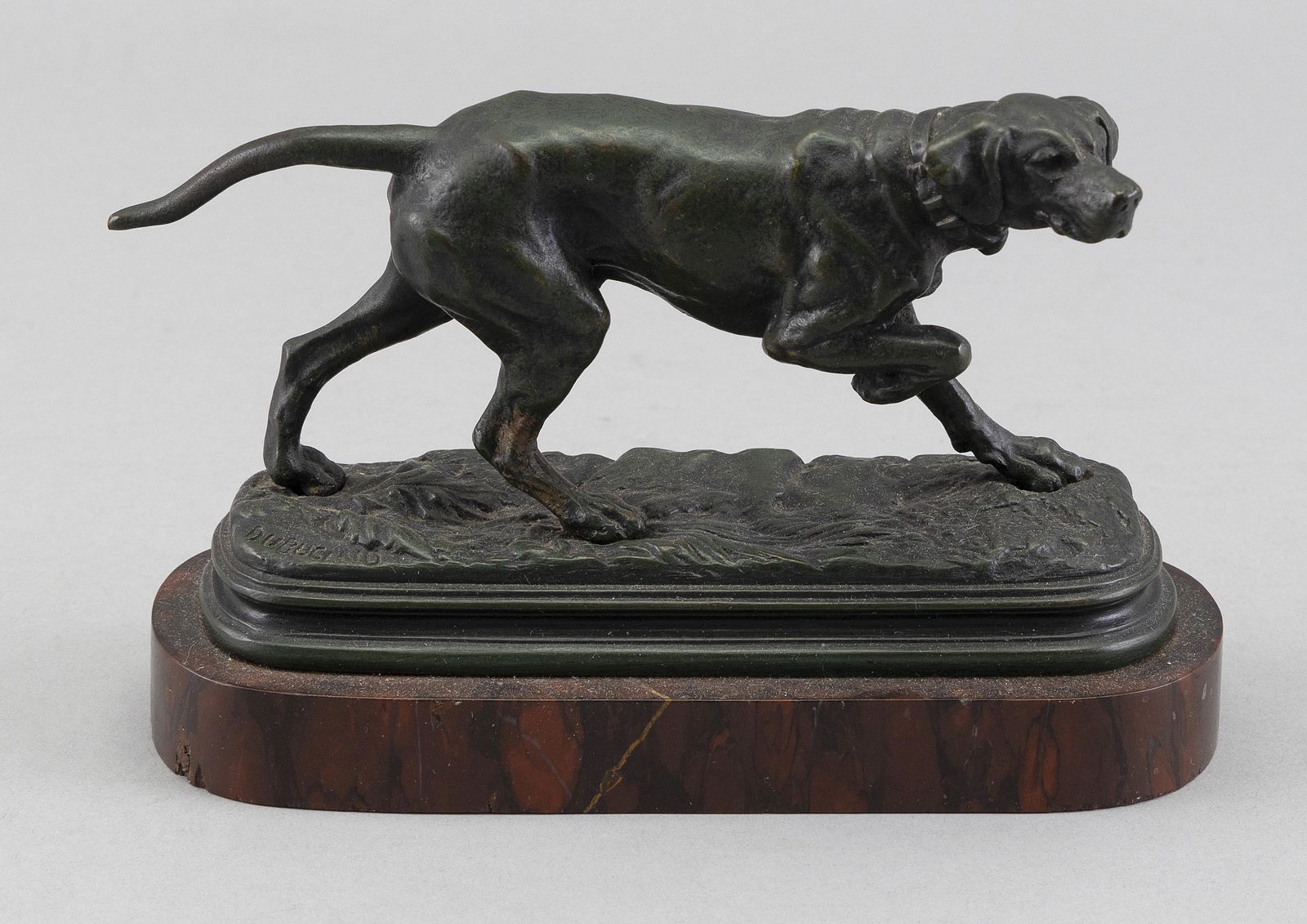 ALFRED DUBUCAND (France, 1828-1894), A pointer., Bronze, height 4.5”. Length 6.5”. (1 of 2)