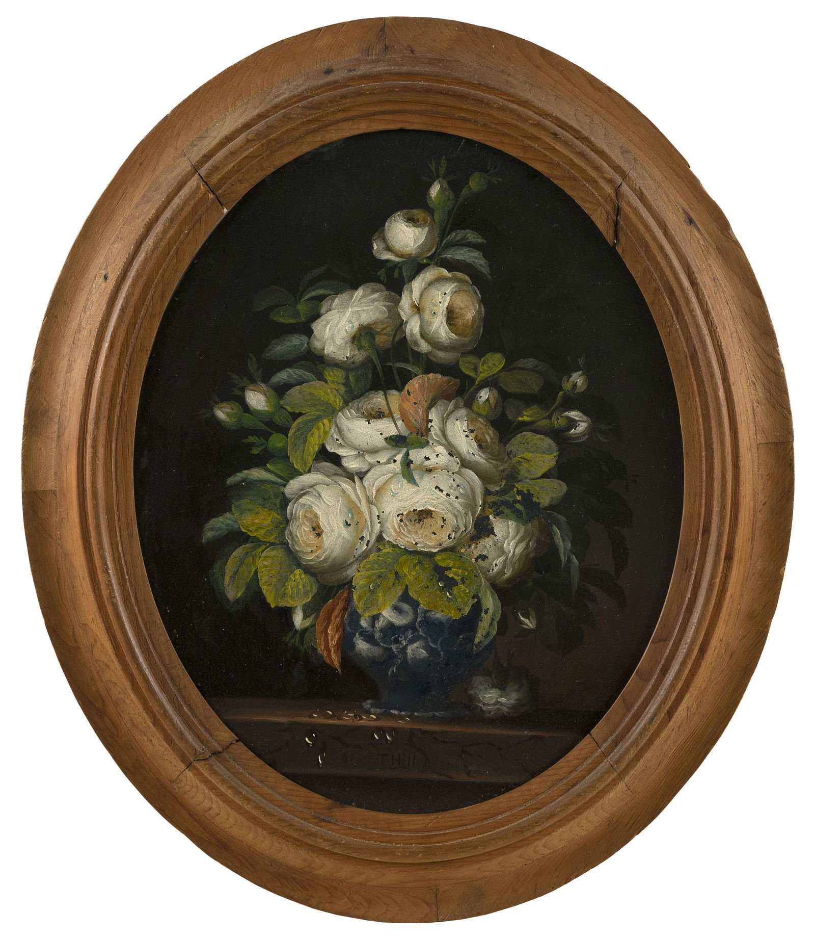 THOMAS HILL (England, 1829-1908), Vase filled with roses., Oil on tin, oval, 15.5” x: THOMAS HILLEngland, 1829-1908Vase filled with roses. Signed “T. Hill”.Oil on tin, oval, 15.5” x 12.5” sight. Framed 21” x 18”. Dimensions: Oil on tin, oval, 15.5&#
