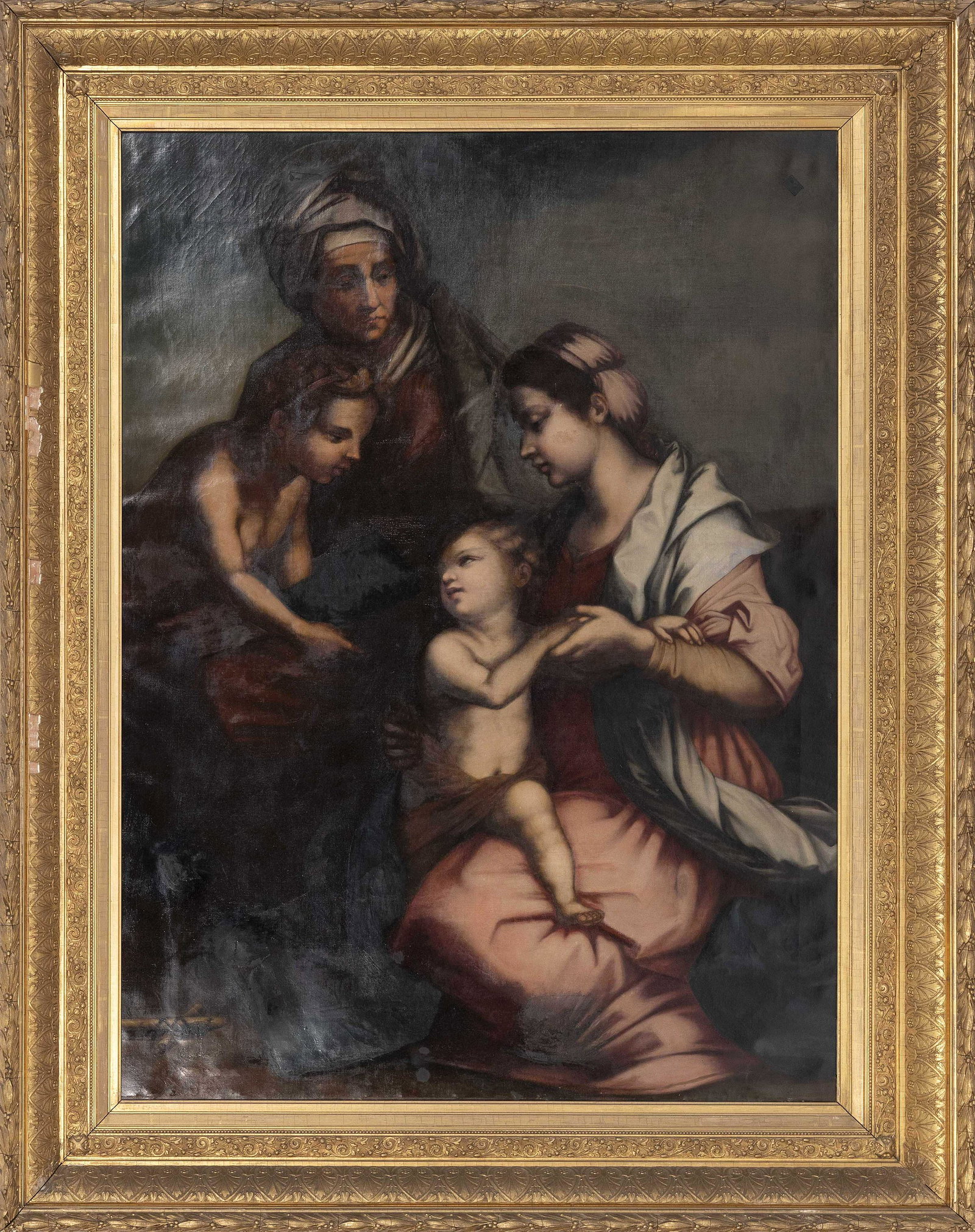 RELIGIOUS PAINTING AFTER ANDREA DEL SARTO'S "THE HOLY FAMILY" 19th Century Oil on canvas, 57”: RELIGIOUS PAINTING AFTER ANDREA DEL SARTO'S "THE HOLY FAMILY" 19th Century Oil on canvas, 57” x 42”. Framed 71” x 56”.