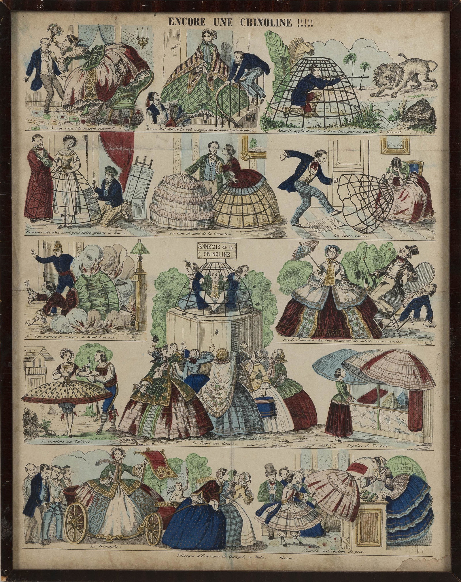 CHARLES VERNIER (France, 1831-1887), “Encore une Crinoline!”., Hand-colored lithograph,: CHARLES VERNIER France, 1831-1887 “Encore une Crinoline!”. Published by Gangel, Paris. Hand-colored lithograph, 17.75” x 13”. Framed 18.5” x 14.75”. Dimensions: Han