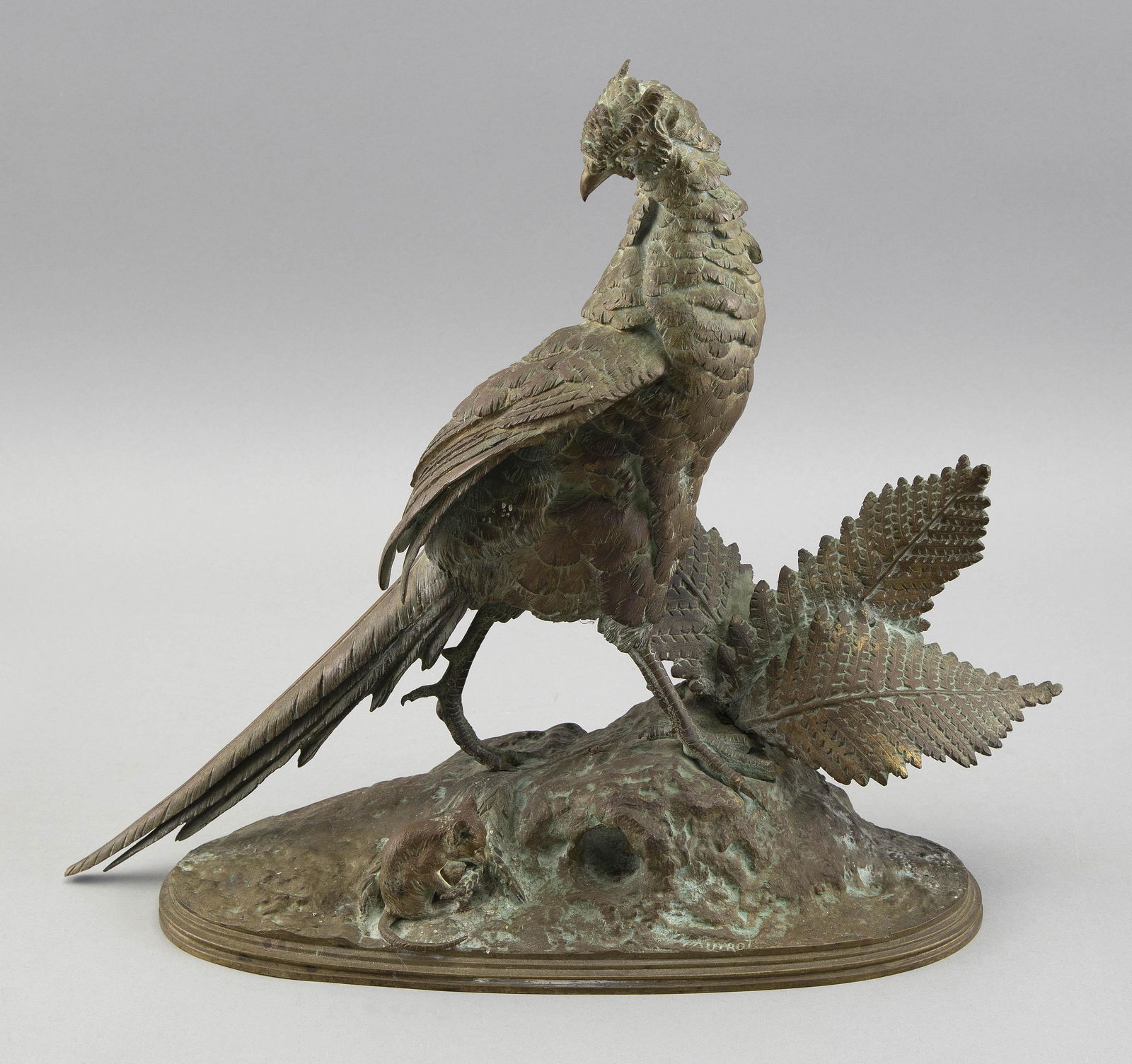 FERDINAND PAUTROT (France, 1832-1874), Pheasant on a leafy outcrop., Bronze, height 12.5”. (1 of 2)
