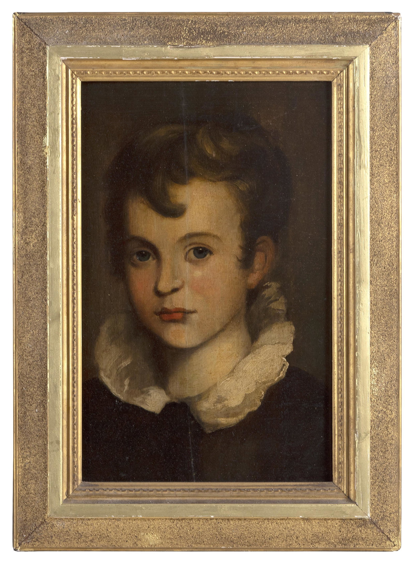 EUROPEAN SCHOOL (Early to Mid-19th Century,), Portrait of a young boy., Oil on cradled wood panel,: EUROPEAN SCHOOL Early to Mid-19th Century Portrait of a young boy. Unsigned. Oil on cradled wood panel, 15.25” x 9.5”. Framed 20” x 14.5”. Dimensions: Oil on cradled wood panel