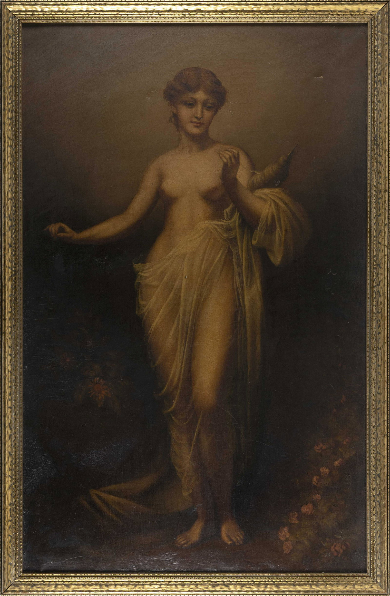 CONTINENTAL SCHOOL (19th Century,), Draped female nude., Oil on canvas, 29.5” x 47.5”.: CONTINENTAL SCHOOL 19th Century Draped female nude. Unsigned. Oil on canvas, 29.5” x 47.5”. Framed 51.5” x 33.5”. Dimensions: Oil on canvas, 29.5” x 47.5”. Framed 5