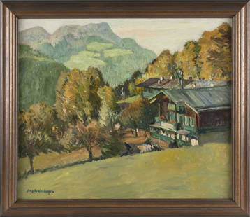 AUGUST ACHTENHAGEN (Germany, 1865-1938), Alpine landscape with chalet., Oil on canvas, 22” x: AUGUST ACHTENHAGENGermany, 1865-1938Alpine landscape with chalet. Signed lower left “A. Achtenhagen”.Oil on canvas, 22” x 26”. Framed 26” x 29”. Dimensions: Oil on