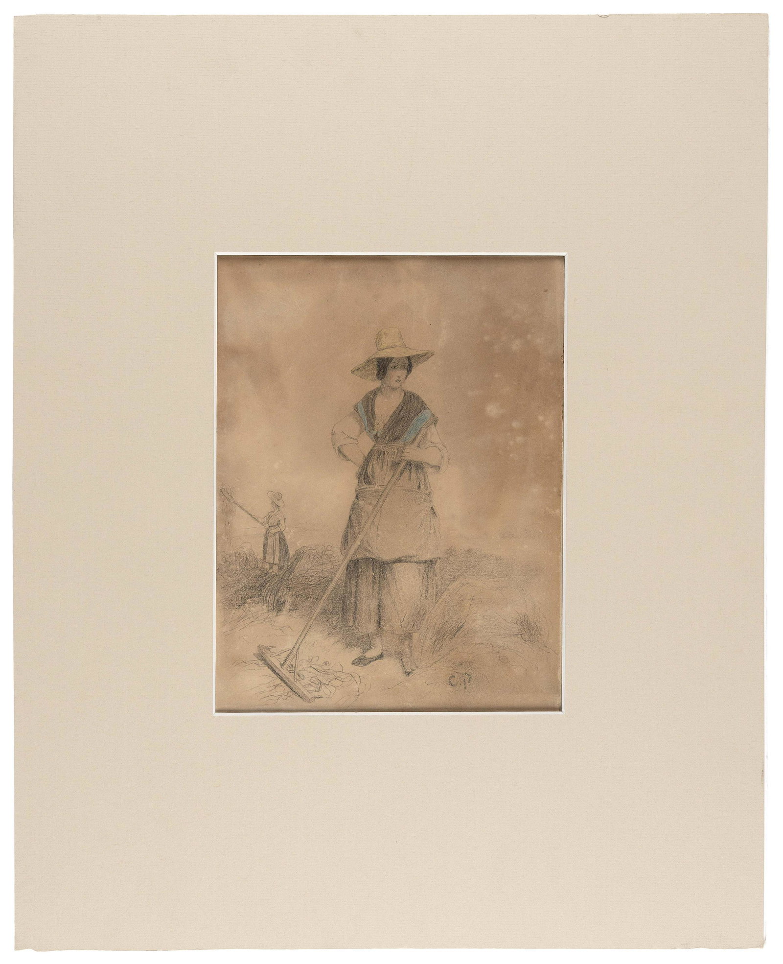 CIRCLE OF CAMILLE PISSARRO (France/England, 1830-1903), Two women harvesting hay., Pencil with: CIRCLE OF CAMILLE PISSARRO France/England, 1830-1903 Two women harvesting hay. “C.P.” ink stamp lower right. Pencil with pastel additions, 10” x 7.75” (257mm x 195mm). Matted 2