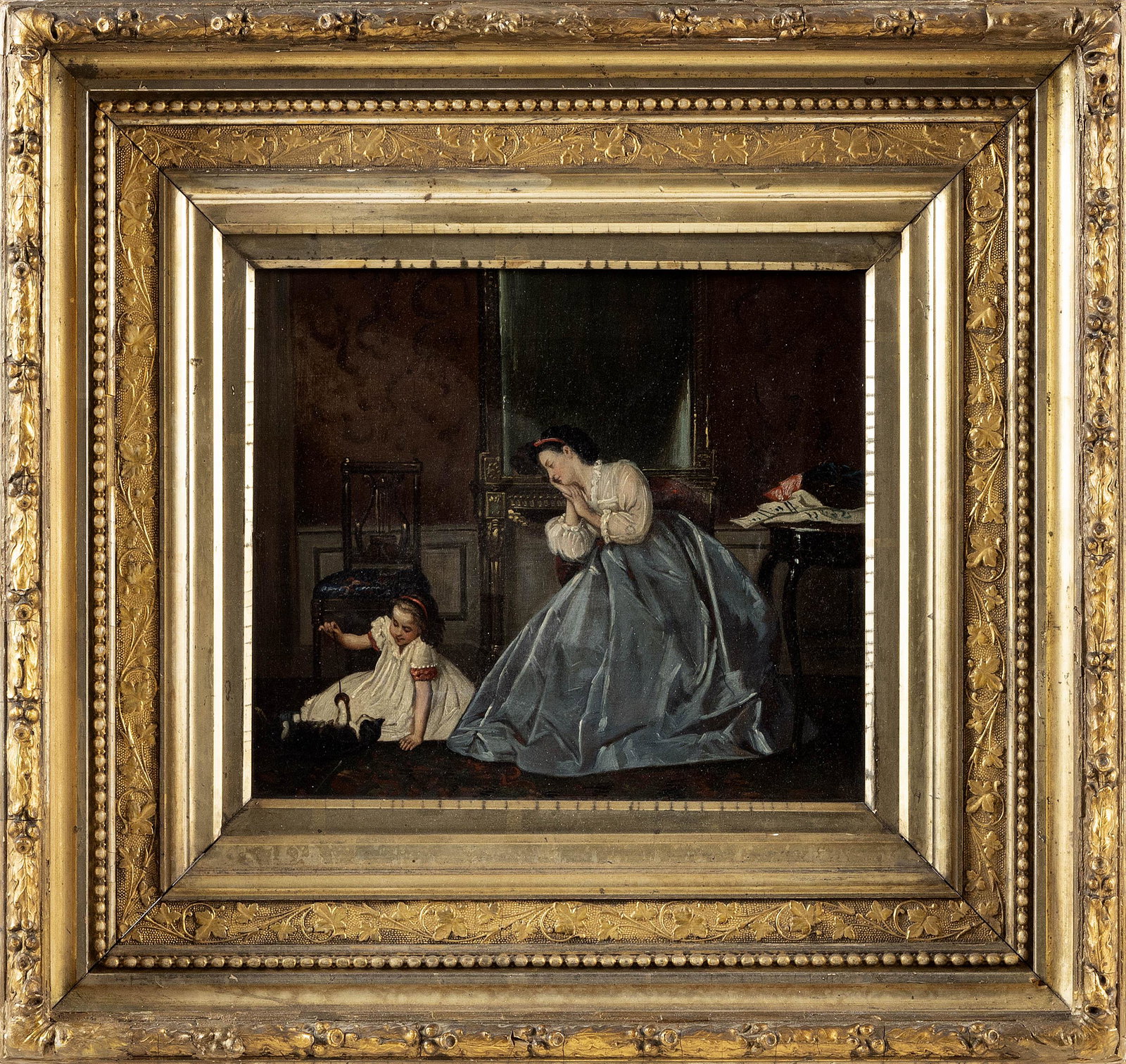 CONTINENTAL SCHOOL (19th Century,), Interior scene with mother and daughter., Oil on canvas, 9.75" x: CONTINENTAL SCHOOL 19th Century Interior scene with mother and daughter. Unsigned. Oil on canvas, 9.75" x 11.25". Framed 18" x 20". Dimensions: Oil on canvas, 9.75" x 11.25&qu