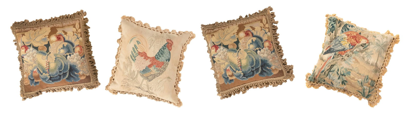 FOUR CONTINENTAL NEEDLEWORK PILLOWS Approx. 18” x 16”.: FOUR CONTINENTAL NEEDLEWORK PILLOWS Bird and floral designs. Approx. 18” x 16”.
