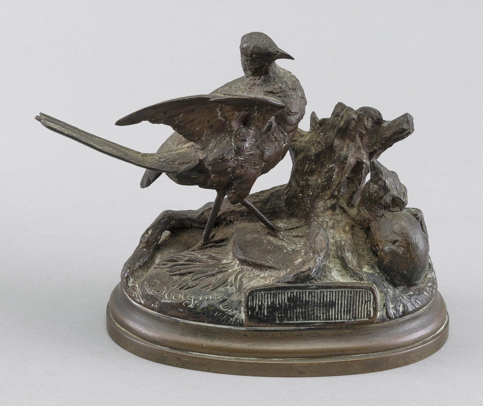 JULES MOIGNIEZ (France, 1835-1894), Match holder in the form of a game bird and muskrat., Bronze,: JULES MOIGNIEZ France, 1835-1894 Match holder in the form of a game bird and muskrat. Signed lower left side “J. Moigniez”. Bronze, length 6”. Dimensions: Bronze, length 6”.
